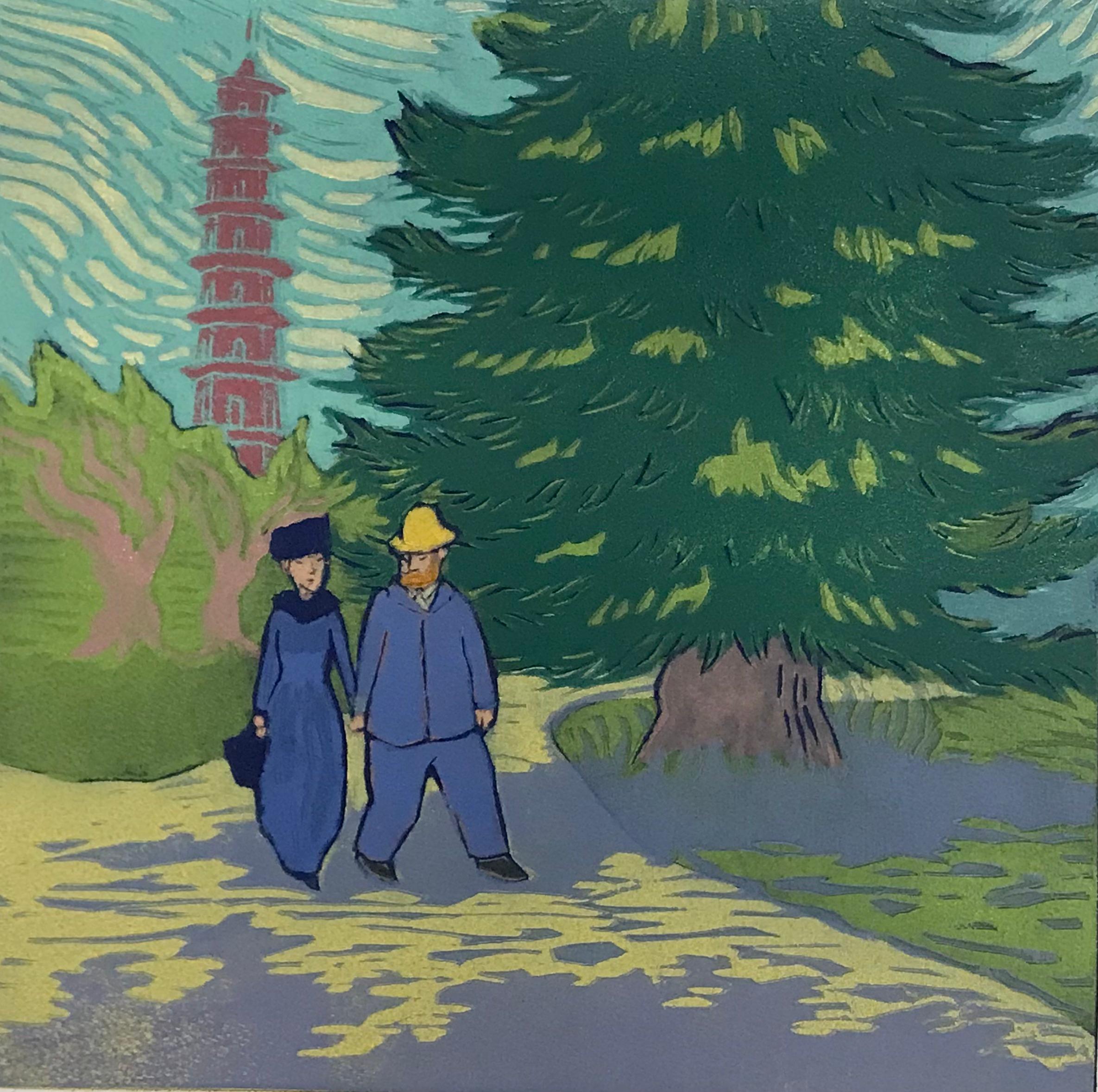 Mychael Barratt Landscape Print - Once upon a time in London, Afternoon, Woodcut, Vincent Van Gogh, Park, Pagoda