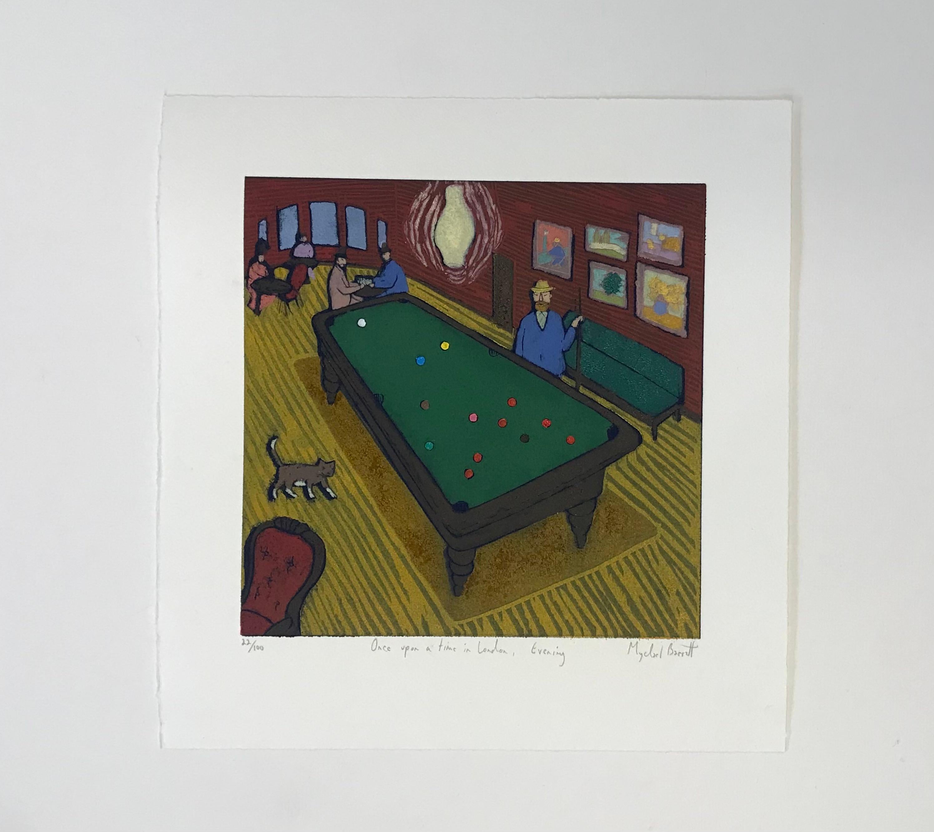 A limited edition woodcut on paper print by Mychael Barratt of Vincent Van Gogh enjoying a game of pool. A cat appears next to the pool  with a group of people sat at tables, in a house of burgundy walls and yellow floors.

Additional