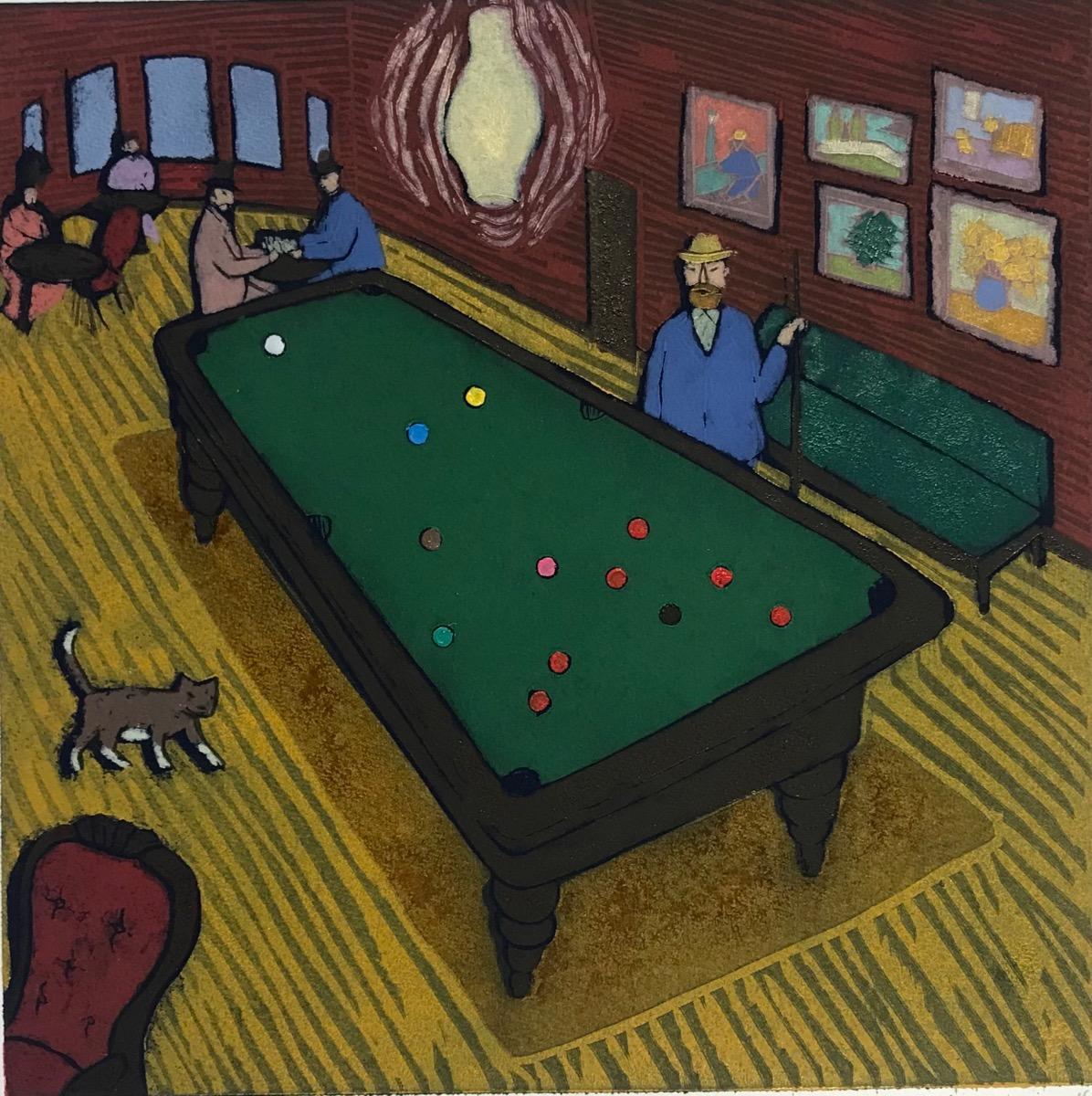 Mychael Barratt Landscape Print - Once upon a time in London, Evening, Vincent Van Gogh, Woodcut Print, Cat, Pool