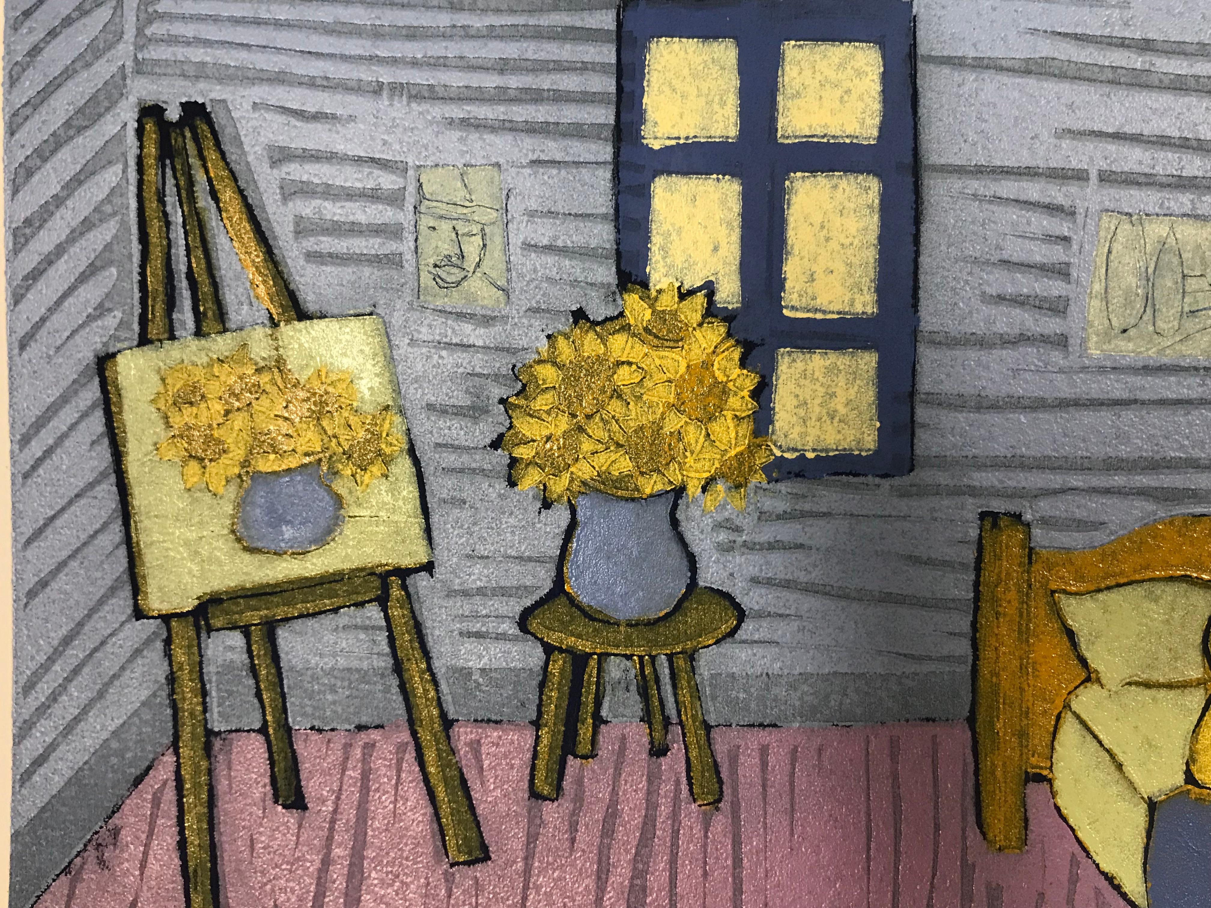 Ein Holzschnitt auf Papier in limitierter Auflage von Mychael Barratt  von Vincent Van Gogh in seinem Schlafzimmer mit seinem Hund. Im Hintergrund erscheinen Sonnenblumen, die einen blau-violetten Raum erhellen.

Zusätzliche Informationen:
Mychael