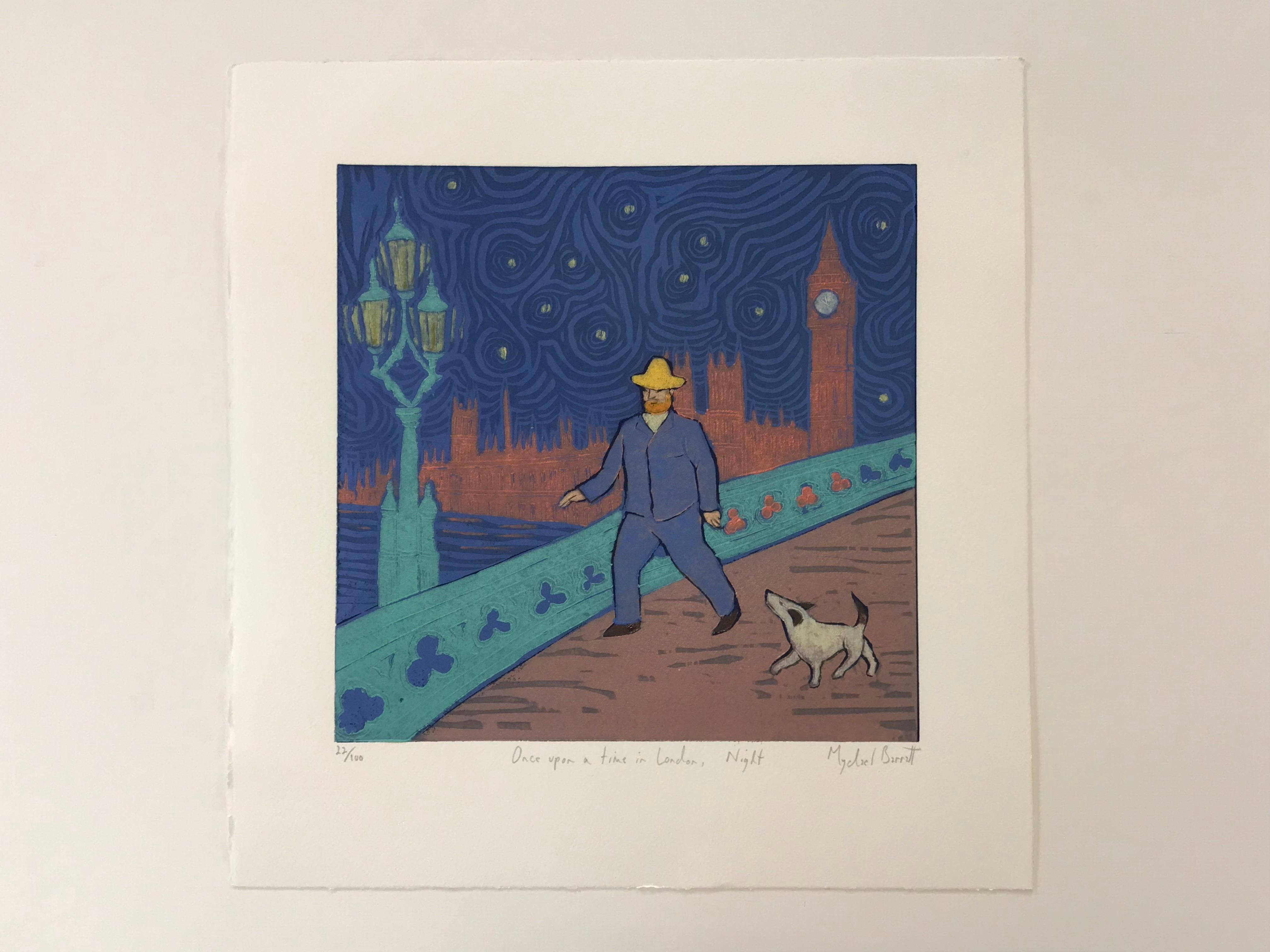 Once upon a time in London, Night, Vincent Van Gogh, Big Ben, Dog, Night Walk  - Contemporary Print by Mychael Barratt