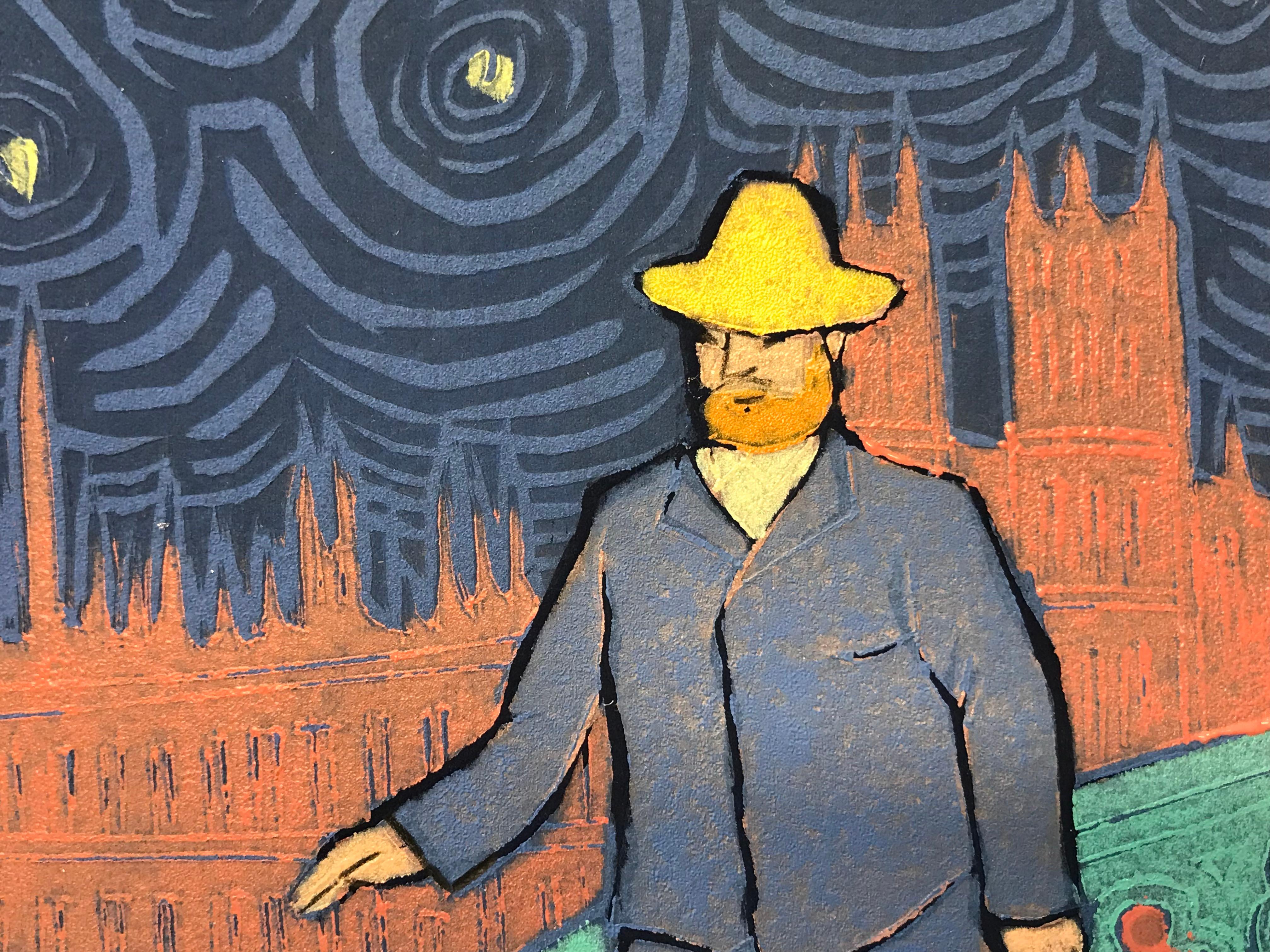 A limited edition woodcut on paper print by Mychael Barratt of Vincent Van Gogh on a night walk though London, as blue, turquoise and browns outline Big Ben and the Parliament in the distance. 

Additional information:

Mychael Barratt 
Once upon a