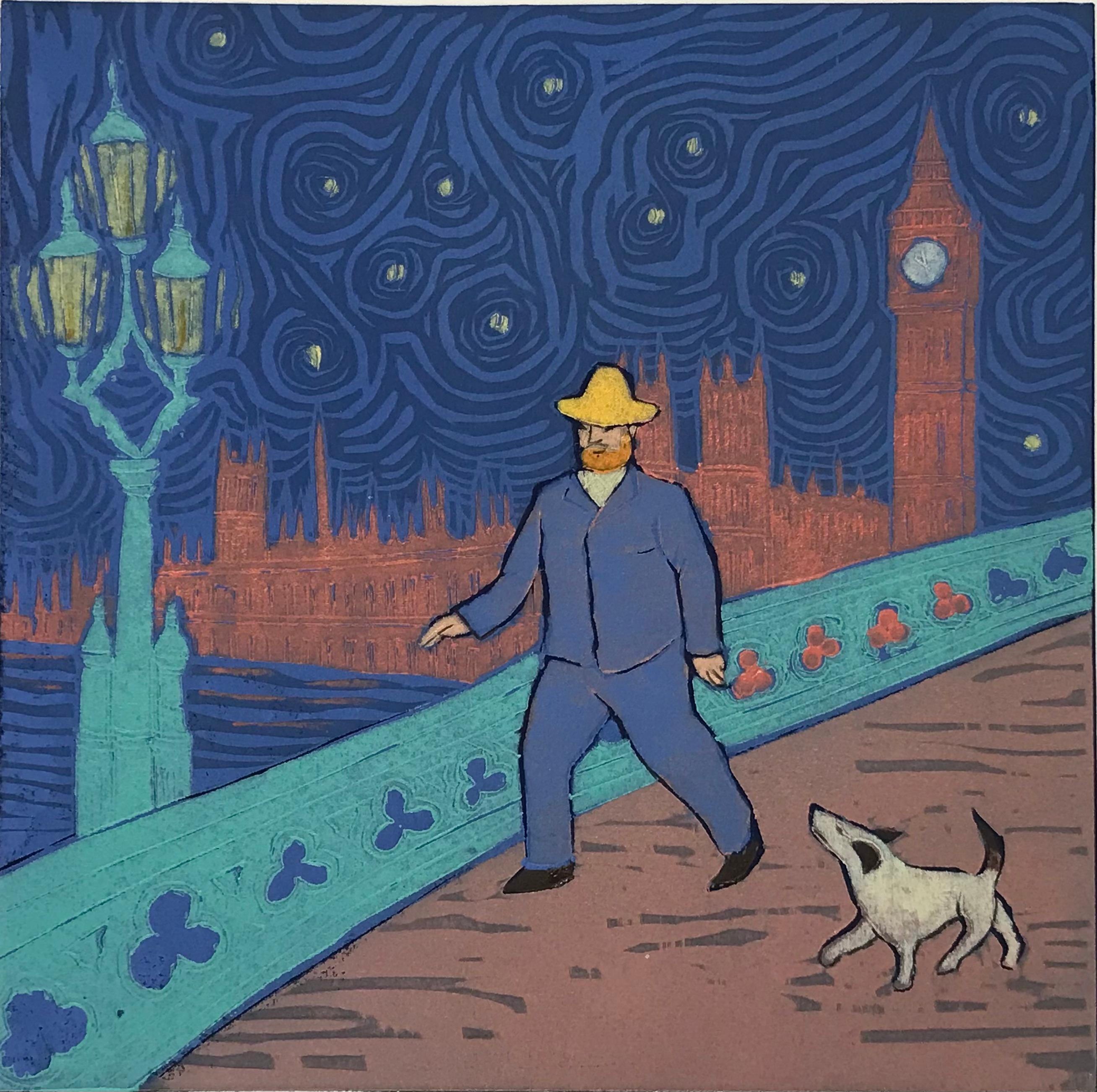 Mychael Barratt Landscape Print - Once upon a time in London, Night, Vincent Van Gogh, Big Ben, Dog, Night Walk 