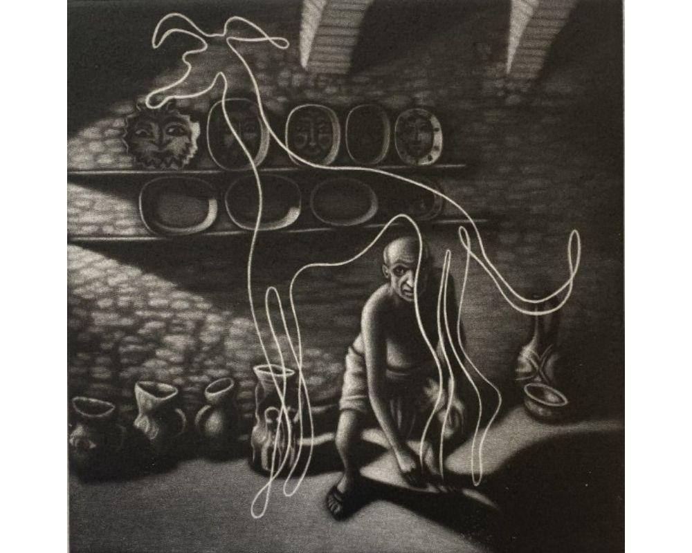Figurative Print Mychael Barratt - Le chien de Picasso, Estampe d'art, Paysage, Figuratif 