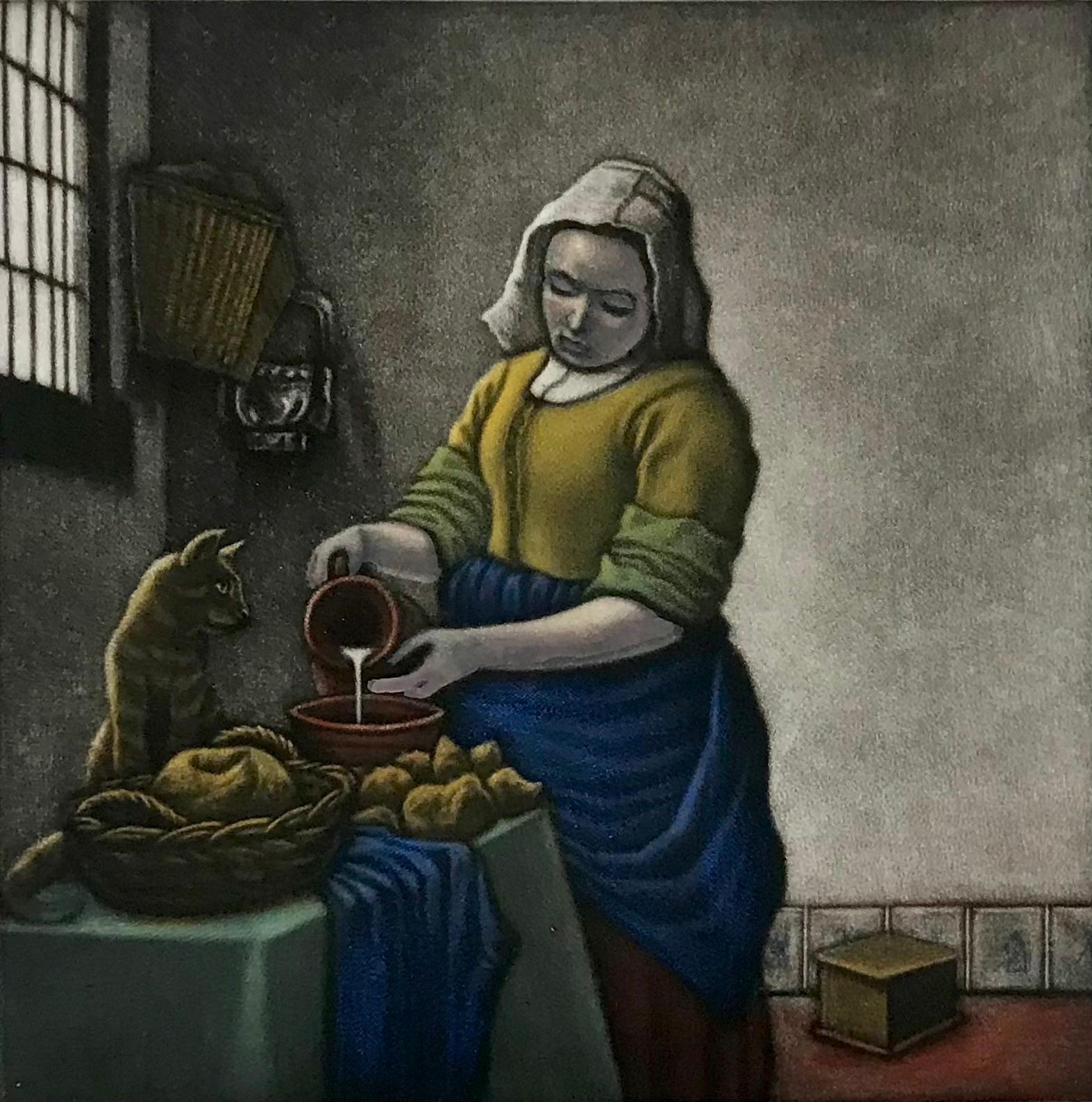Vermeer’s Cat by Mychael Barratt [2022]
 
Vermeer's Cat is a limited edition print by artist Mychael Barratt. As part of his artists pets series, this print takes inspiration from the painting 'Milkmaid' by dutch painter Johannes Vermeer. A painter