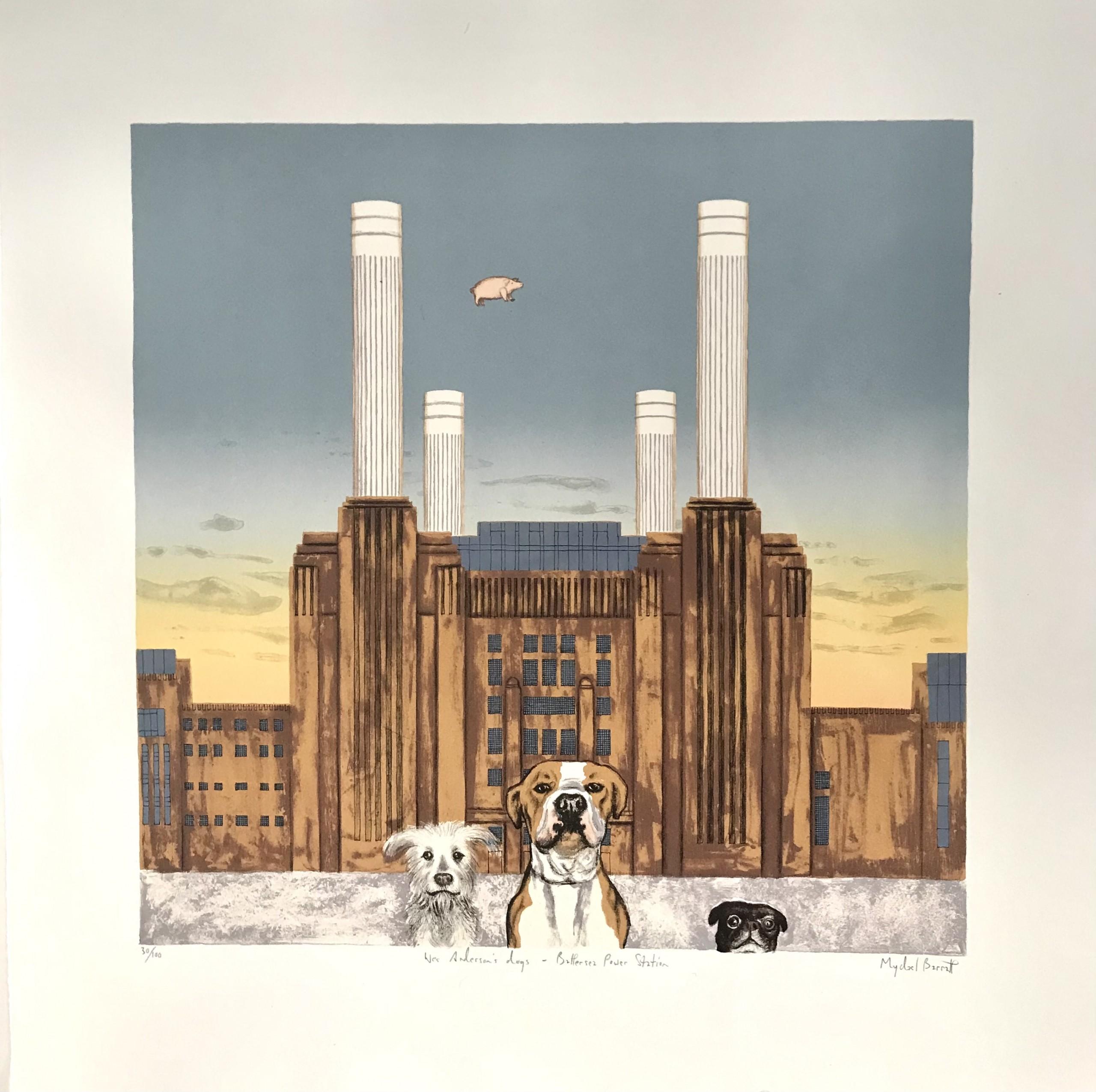 Wes Andersons Hund – Battersea Power Station, Londoner Cityscape-Kunst, Tierkunst (Zeitgenössisch), Print, von Mychael Barratt