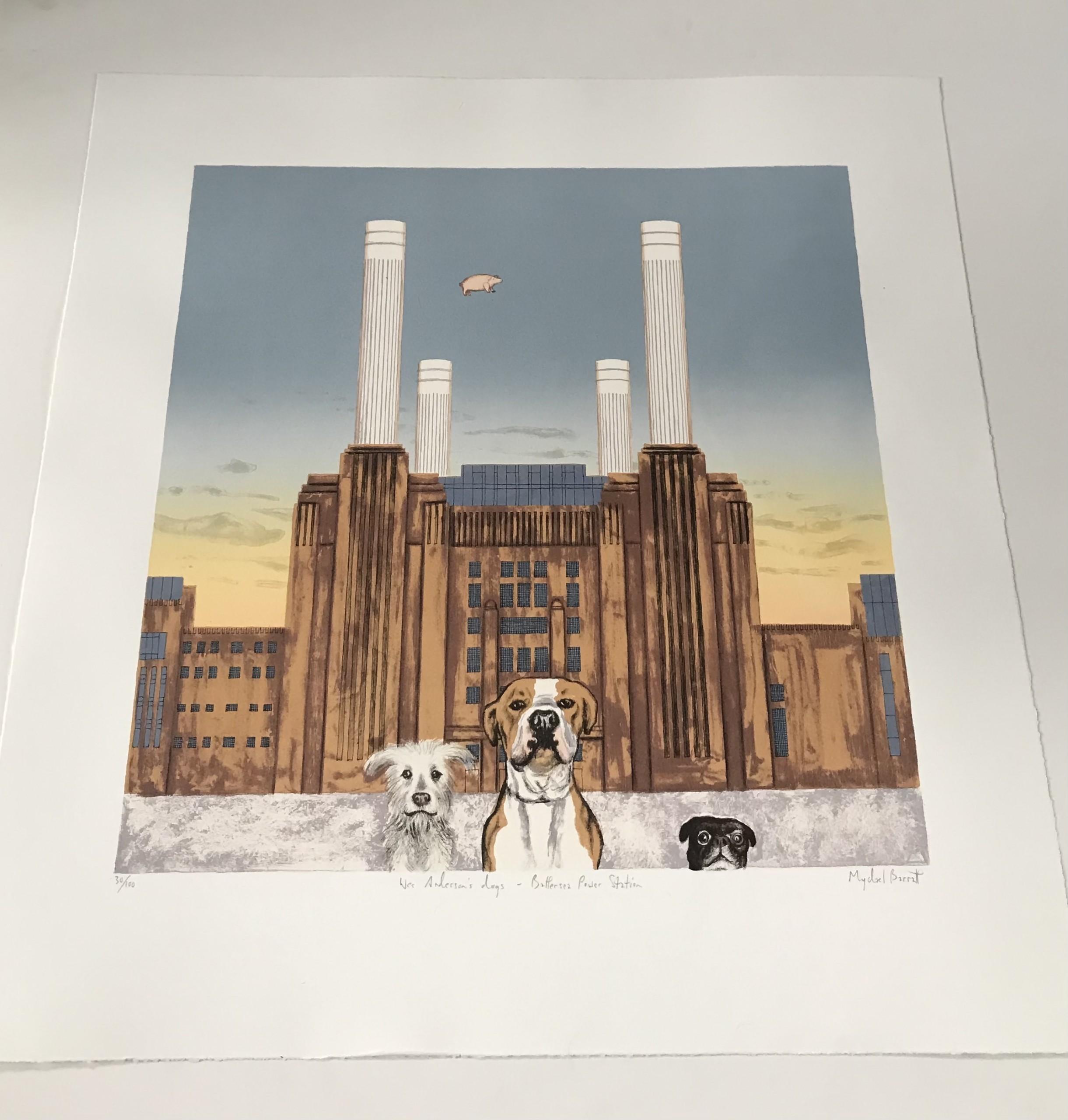 Wes Andersons Hund – Battersea Power Station, Londoner Cityscape-Kunst, Tierkunst (Grau), Landscape Print, von Mychael Barratt