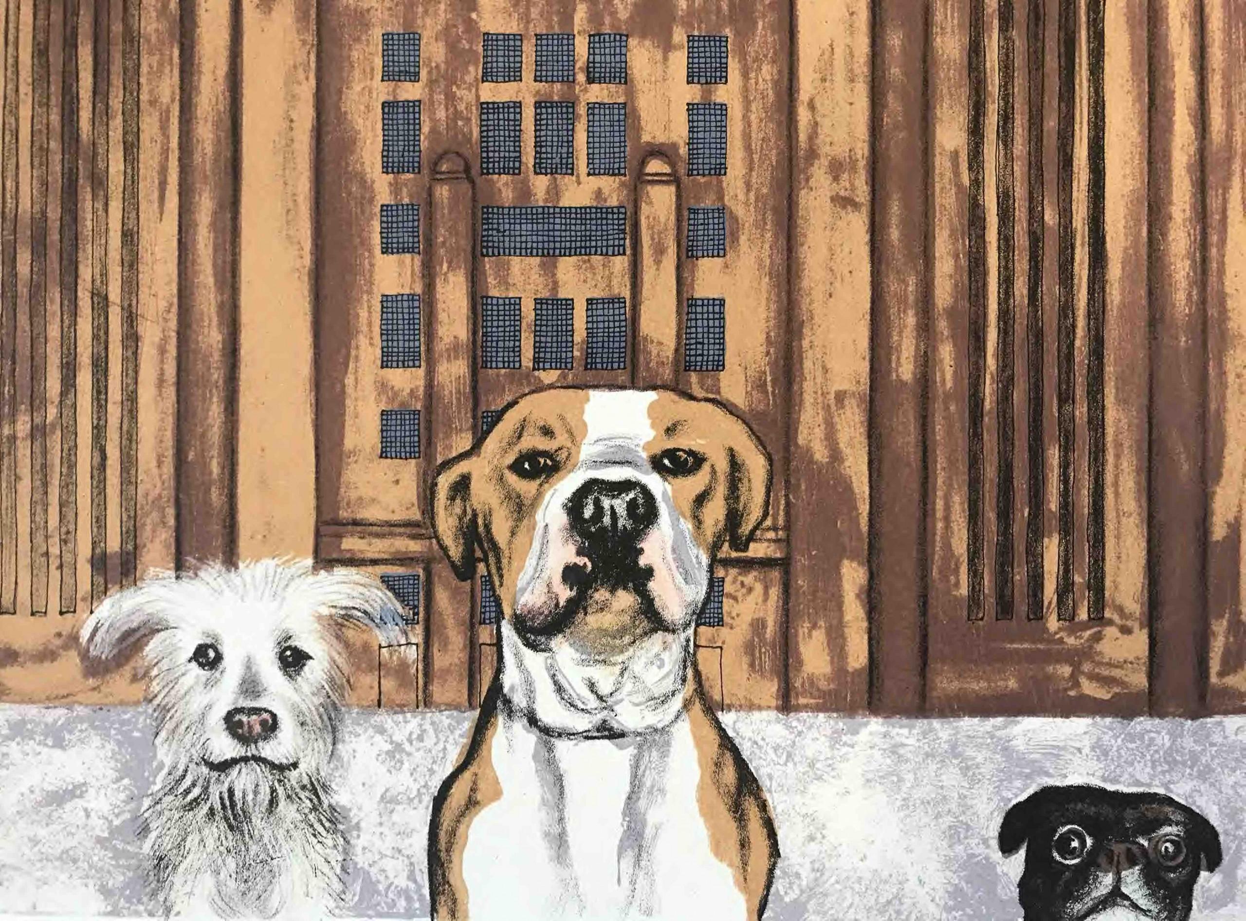 Wes Anderson's Dogs - Battersea Power Station des Künstlers Mychael Barratt ist ein Druck in limitierter Auflage. Diese humorvolle Szene zeigt drei Hunde, die über den Rand des Bildes schauen, während ein schwebendes Schwein zwischen den Rohren des