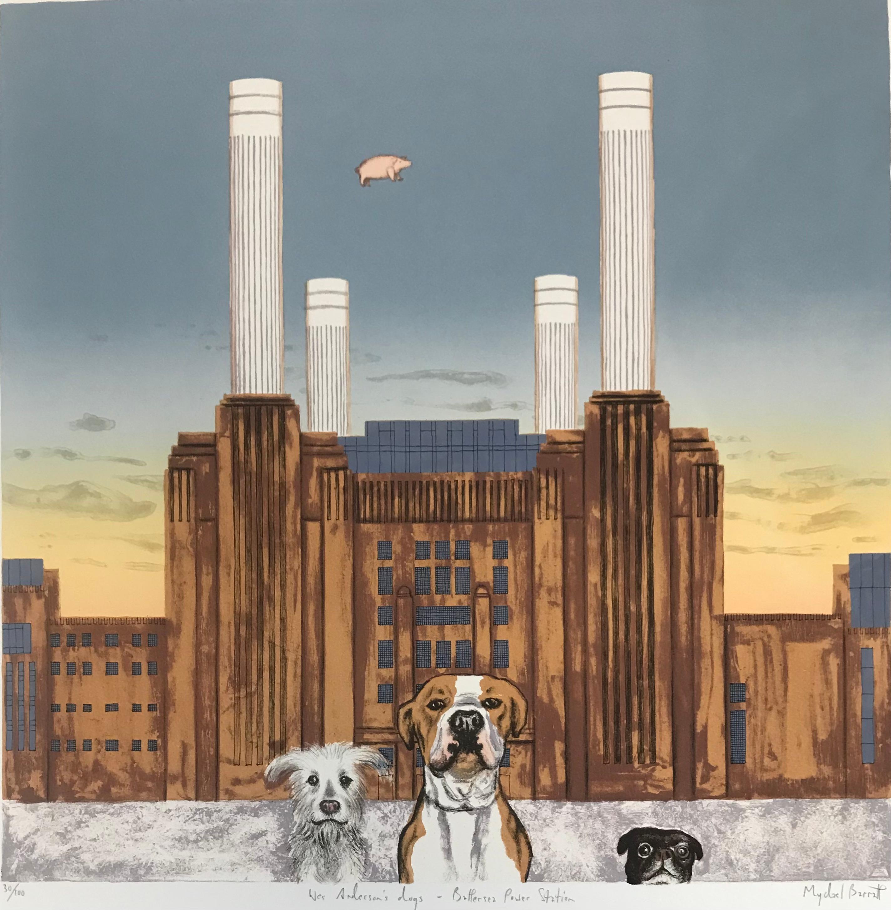 Mychael Barratt Landscape Print – Wes Andersons Hund – Battersea Power Station, Londoner Cityscape-Kunst, Tierkunst