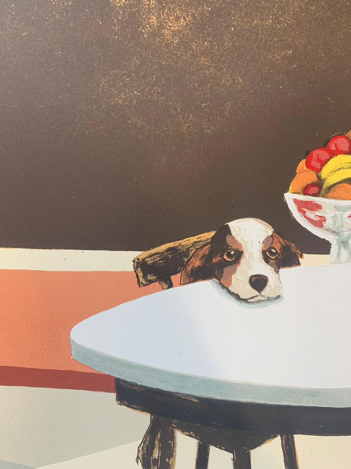 Limited edition print of a woman having a coffee in a cafe while her dog sits with her.
Buy Mychael Barratt printmaker works with Wychwood Art gallery online. Mychael Barratt was born in Toronto, Canada, however, considers himself to be a Londoner