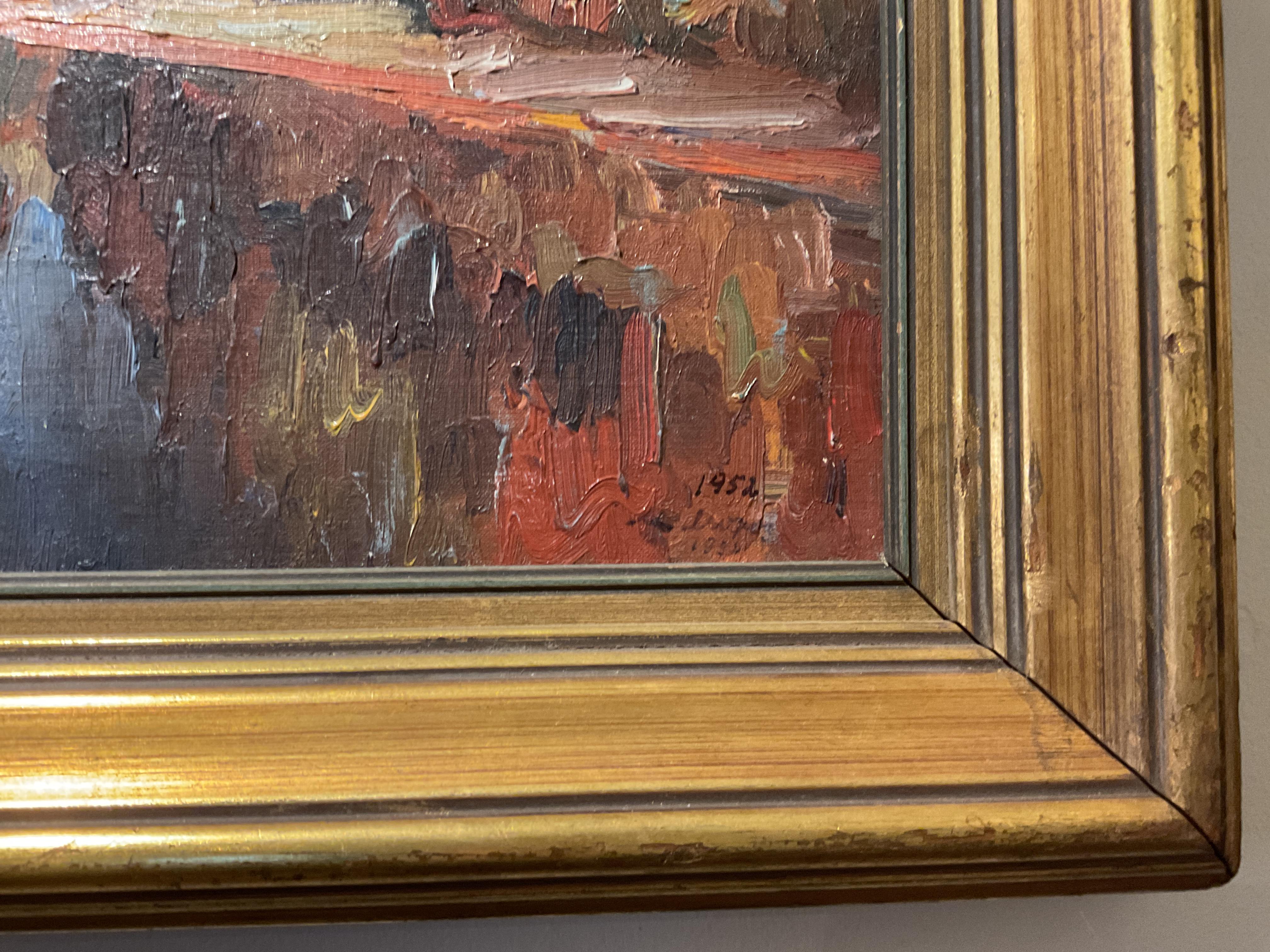 Se trata de un paisaje otoñal del estado de Nueva York de 1952, muy estilizado, pintado al óleo sobre tabla por el célebre artista ucraniano-estadounidense Mychajlo Moroz.   El cuadro de época tiene tendencias modernistas que son bastante exclusivas