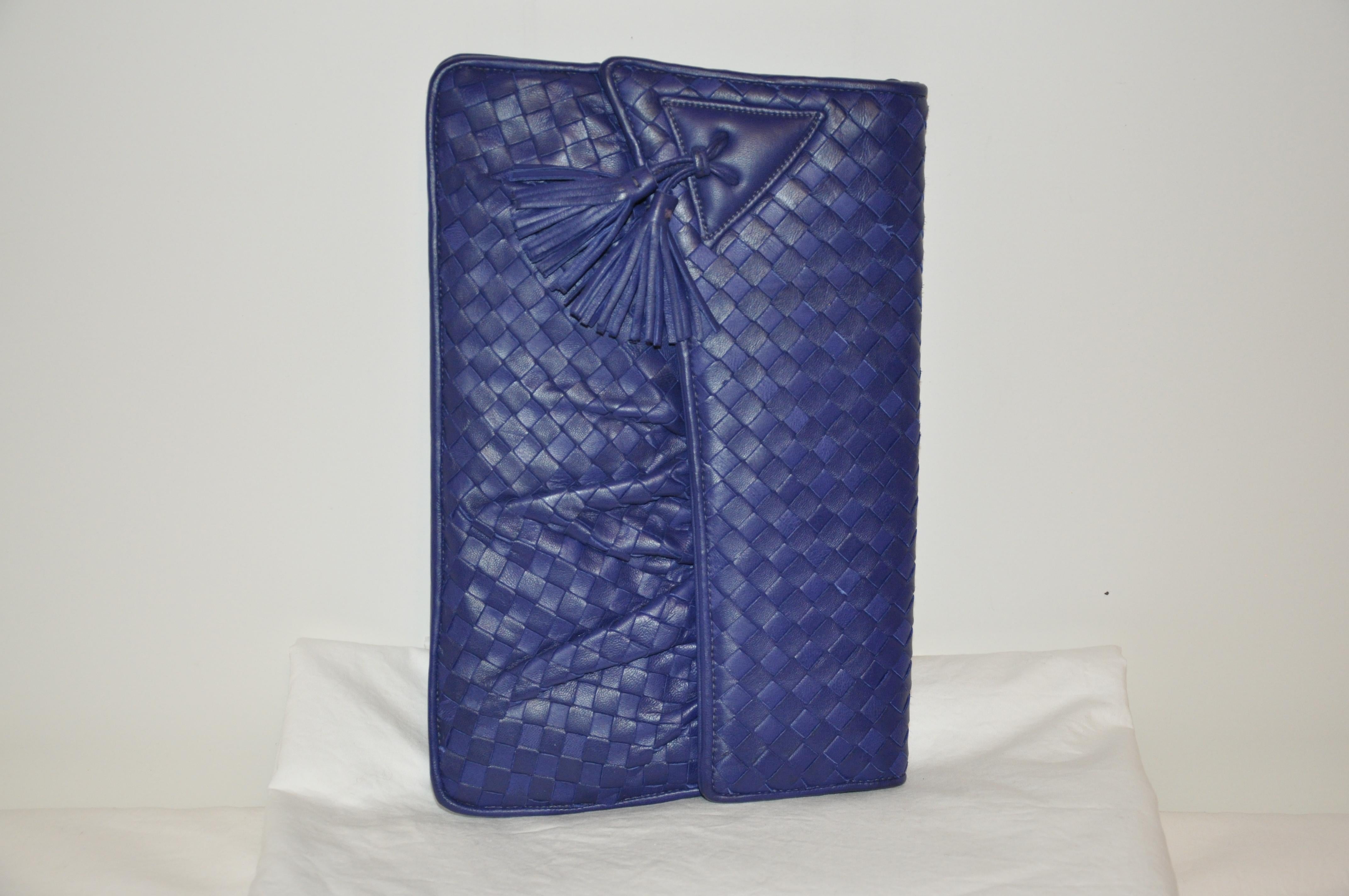 Purple Myers Deep Lapis-Blue Soft Woven Lambskin Clutch with Optional Shoulder Straps For Sale
