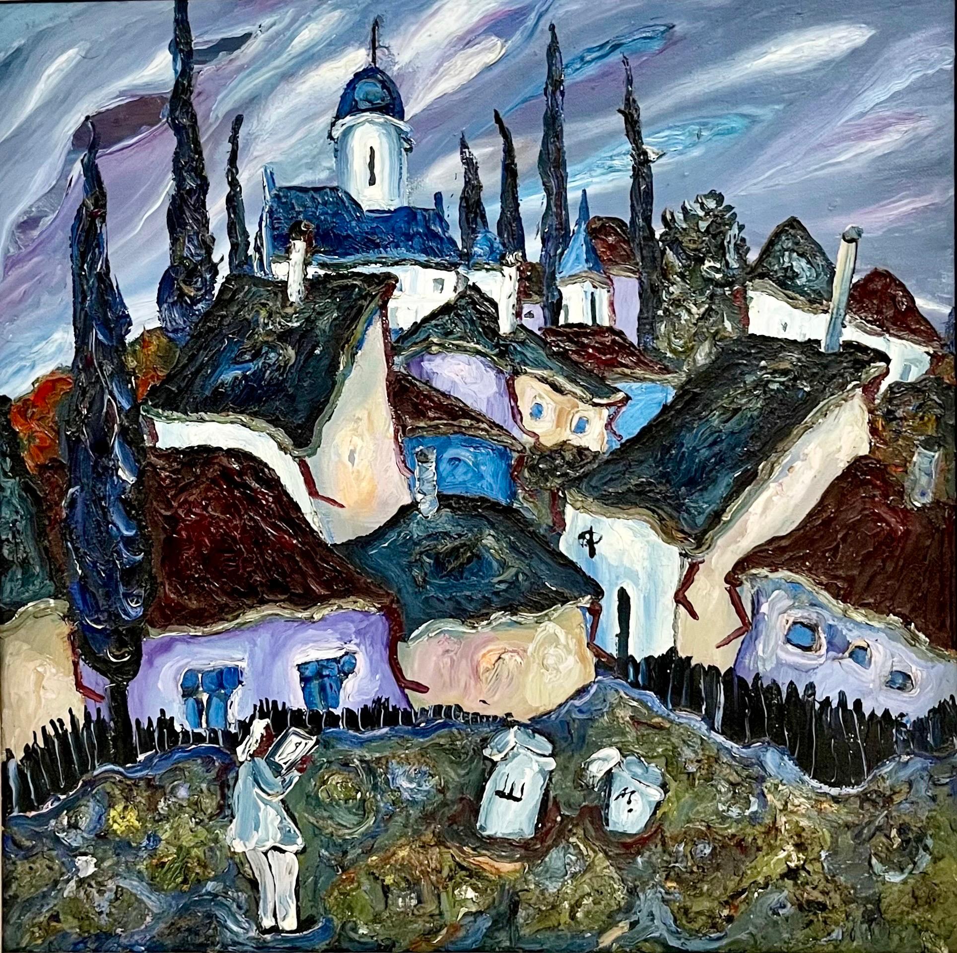 Pintura al óleo de aldea expresionista abstracta rusa Arte no conformista soviético - Painting de Myhaylo Shteinberg