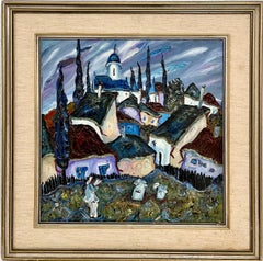 Pittura ad olio di un villaggio espressionista astratto russo Arte sovietica non conformista 