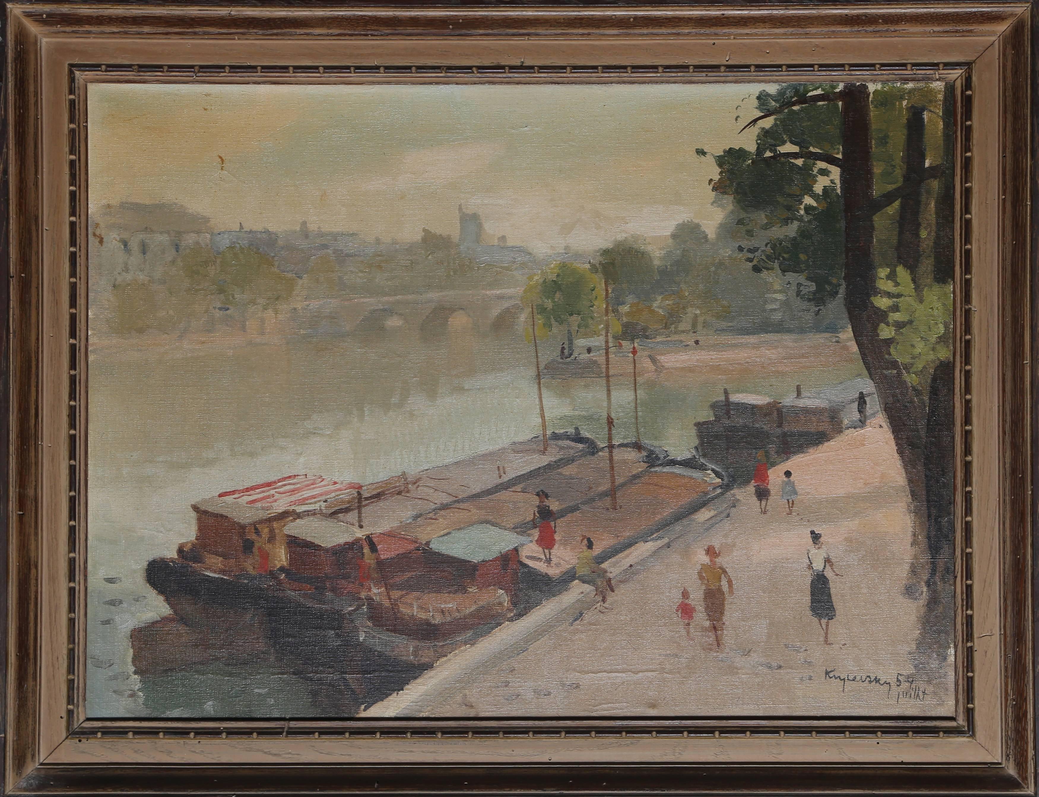 Mykola Vasyl Krychevsky Landscape Painting - View of the Seine, Oil Painting 1954 by M. Krychevsky