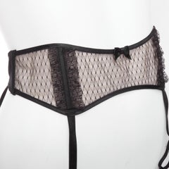 MYLA black intricate lace bow nude mesh garter belt