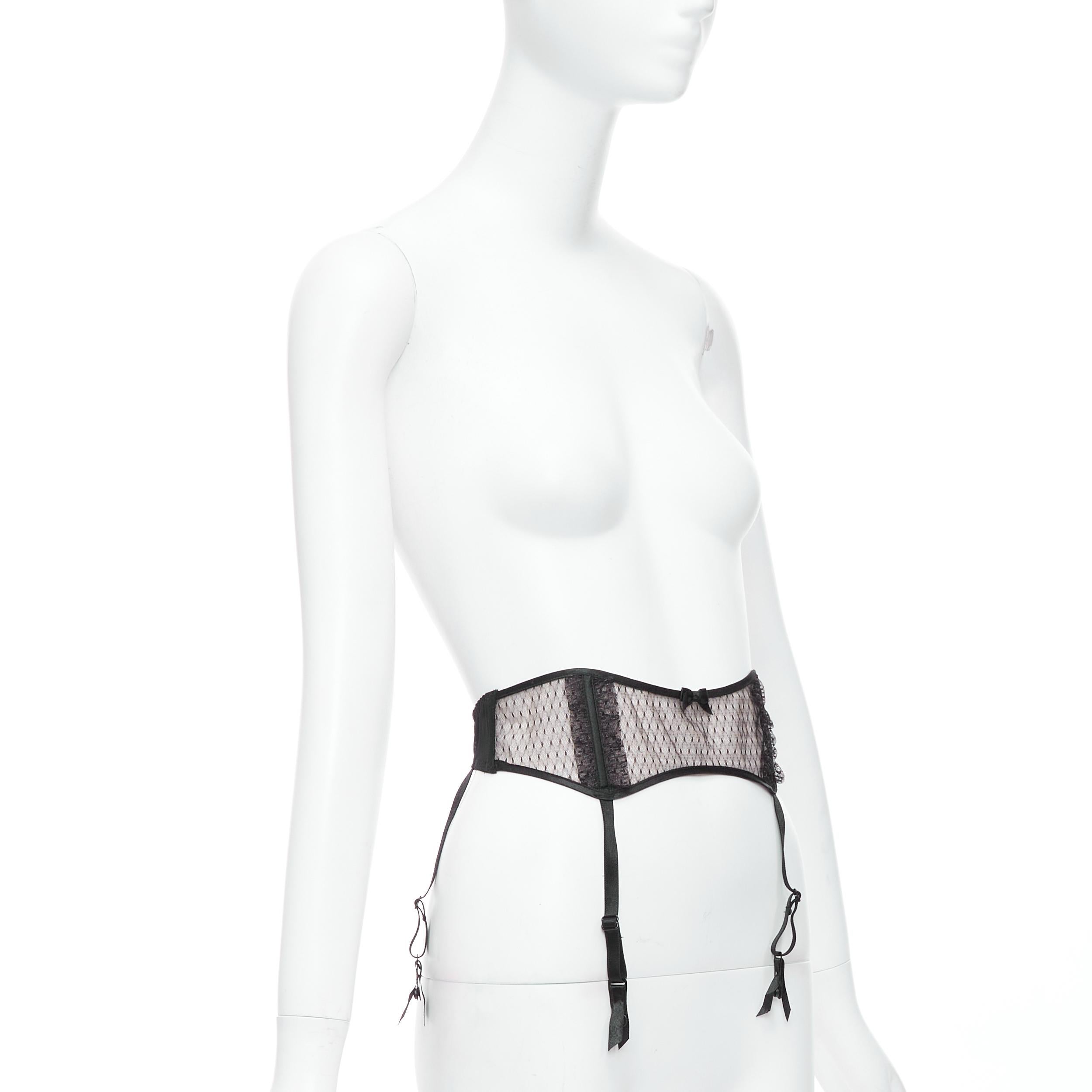 Black MYLA black intricate lace bow nude mesh garter belt For Sale