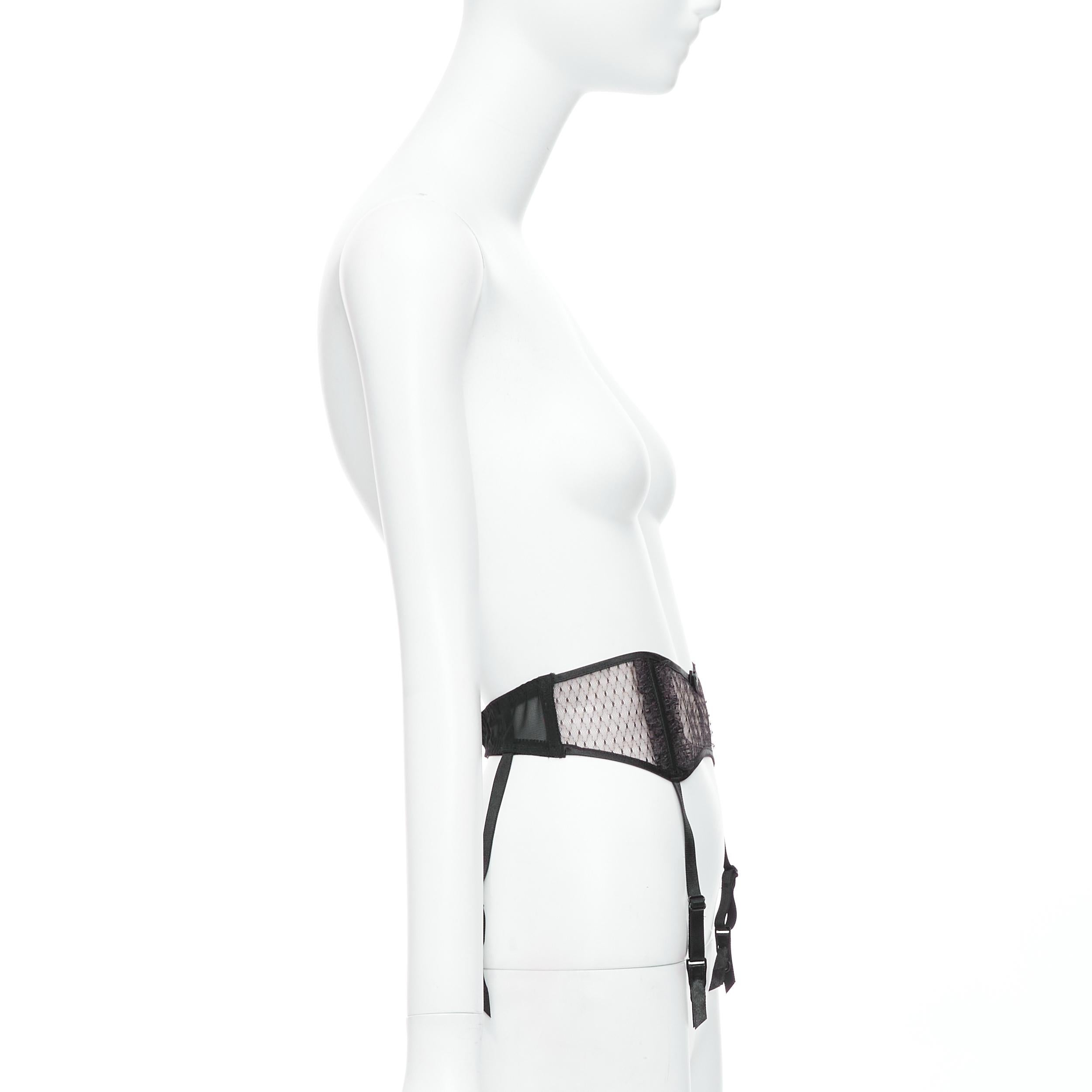 MYLA black intricate lace bow nude mesh garter belt In Excellent Condition For Sale In Hong Kong, NT