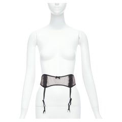 MYLA black intricate lace bow nude mesh garter belt