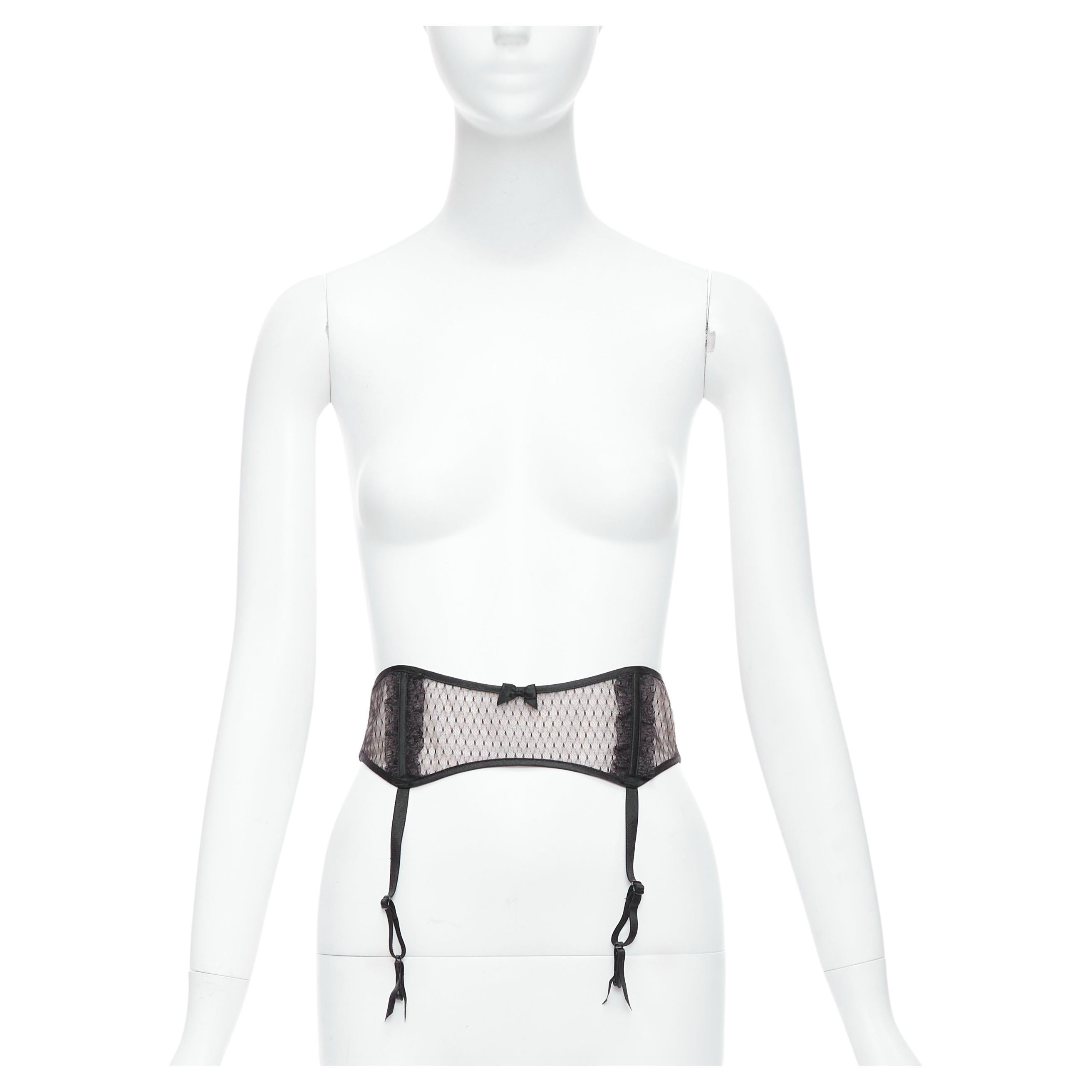 MYLA black intricate lace bow nude mesh garter belt For Sale