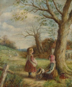 Attributed to Myles Birket Foster - 19th Century English Oil, Girls and a Dog