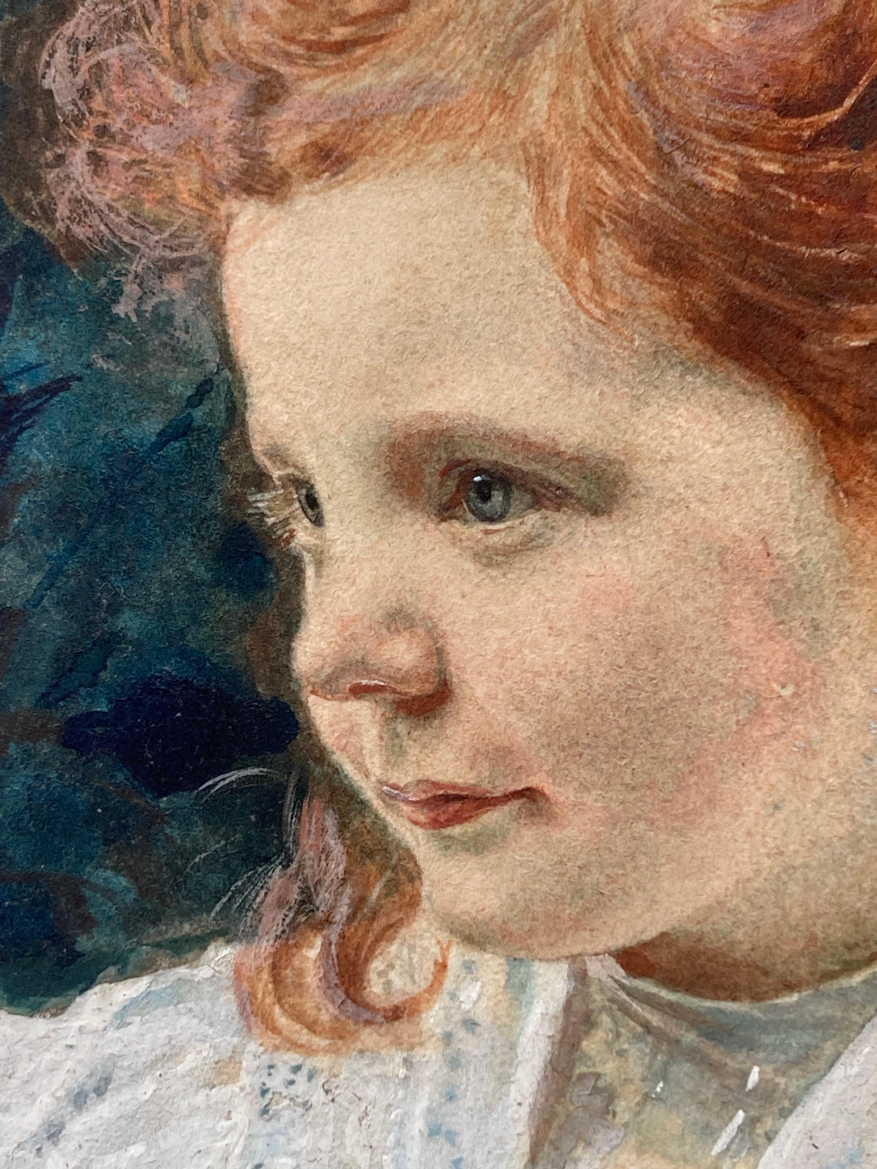 This exceptional quality watercolour depicts a snapshot of innocence and childhood with this delightful portrait of a red-haired young girl. Presented in a fine quality, hand carved and pierced, period frame with inlaid detail.

Circle of Myles