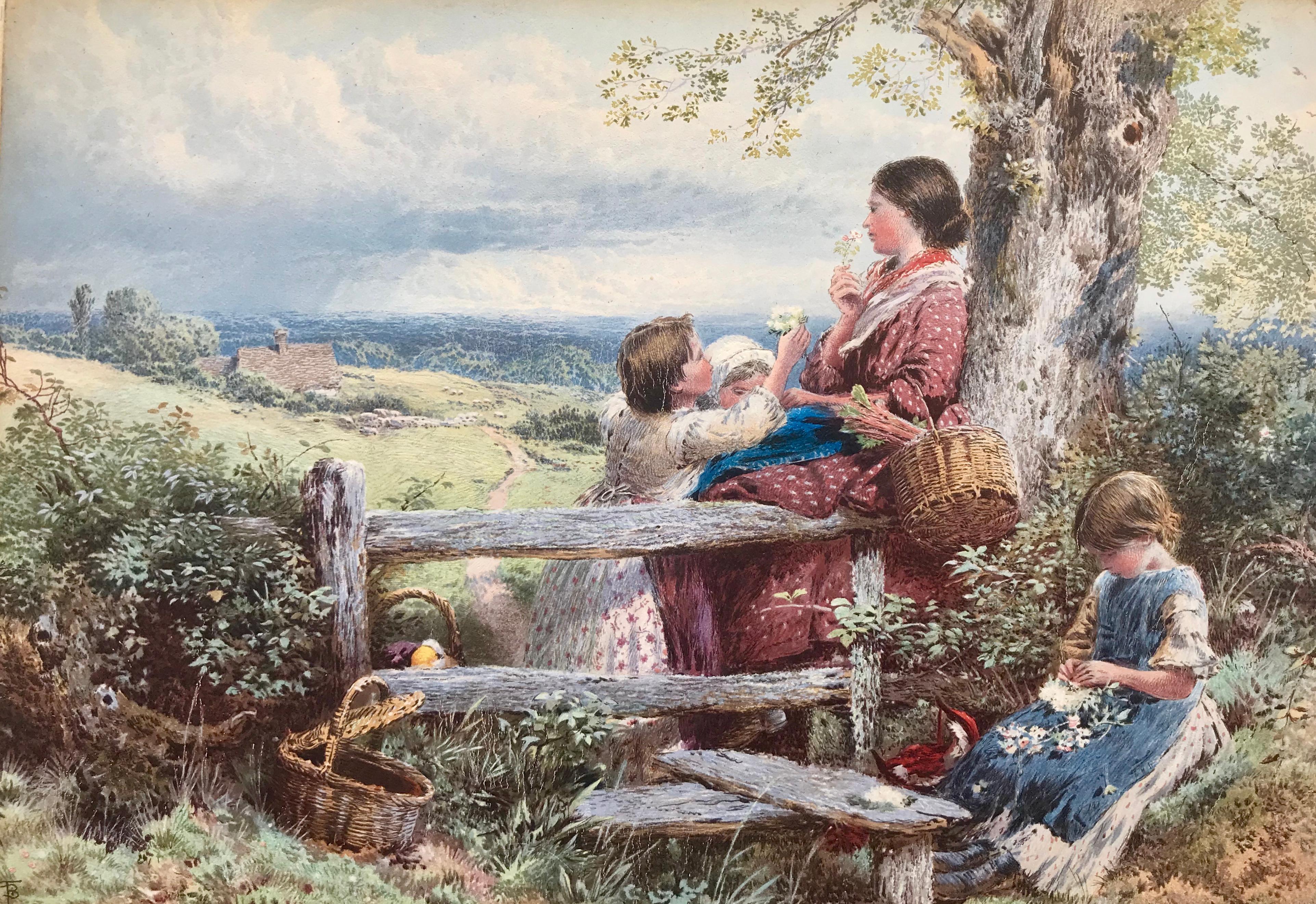 Myles Birket Foster Landscape Print - “Flower Picking”