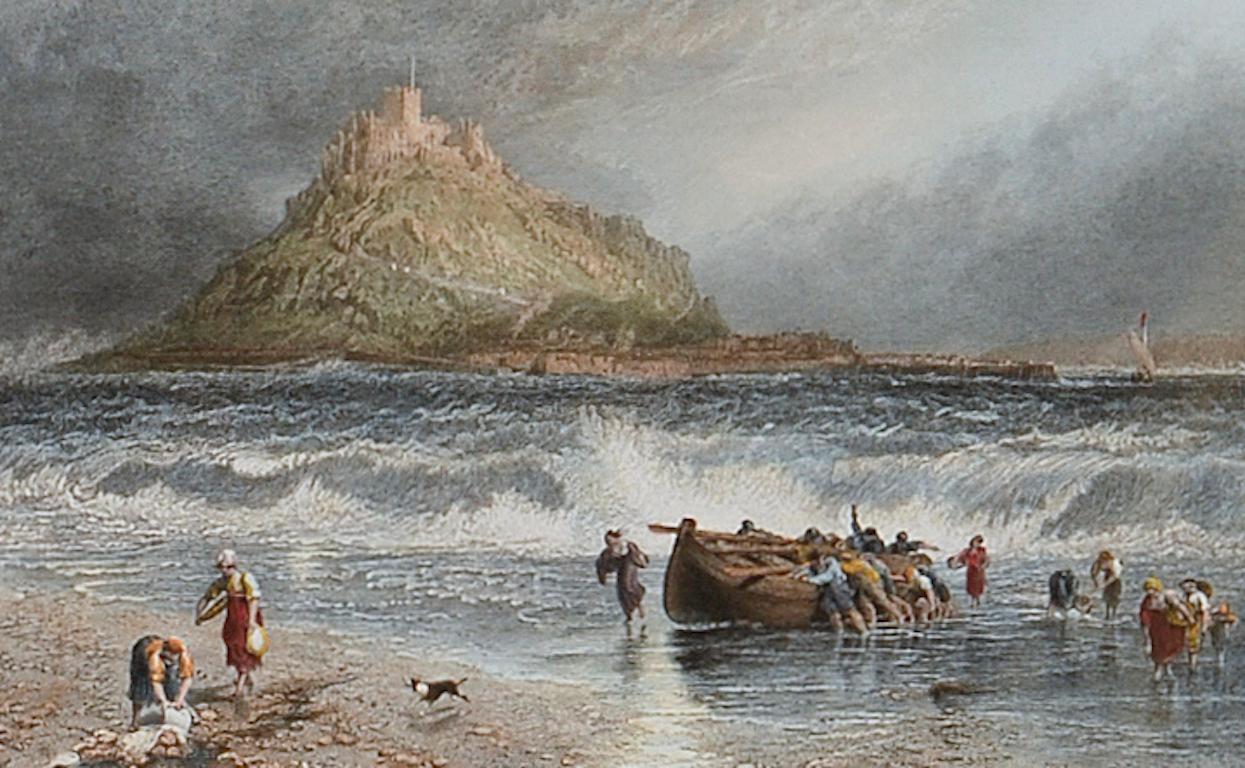 St. Michael's Mount, Cornwall: A Framed 19th C. Engraving After Myles Foster - Romantic Print by Myles Birket Foster