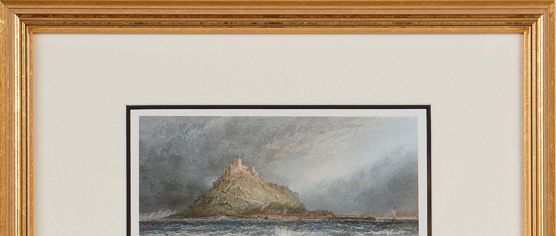 St. Michael's Mount, Cornwall: A Framed 19th C. Engraving After Myles Foster - Beige Landscape Print by Myles Birket Foster