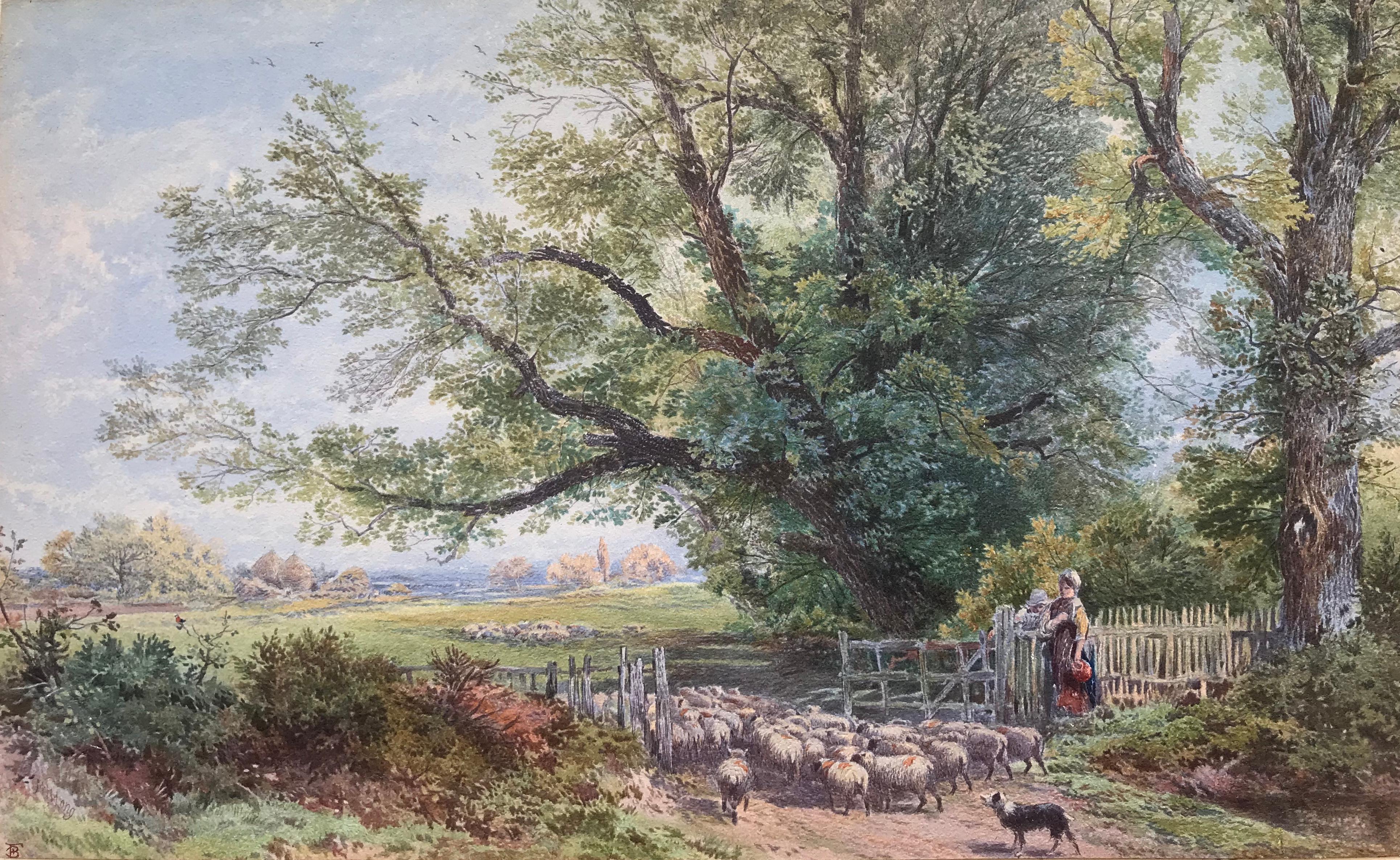 Myles Birket Foster Landscape Print - “Tending the Sheep”