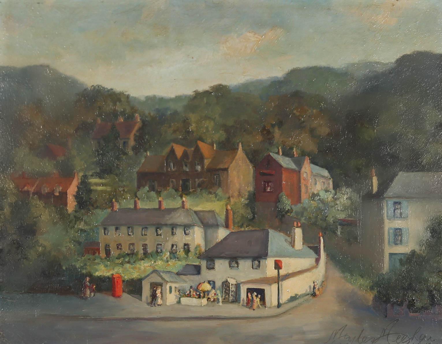 A charmingly quaint oil depiction of Mickleham in Surrey. The artist has signed and dated to the lower right corner and the painting has been presented in a fine 20th Century French style frame with acanthus leaf details at the swept corners. There