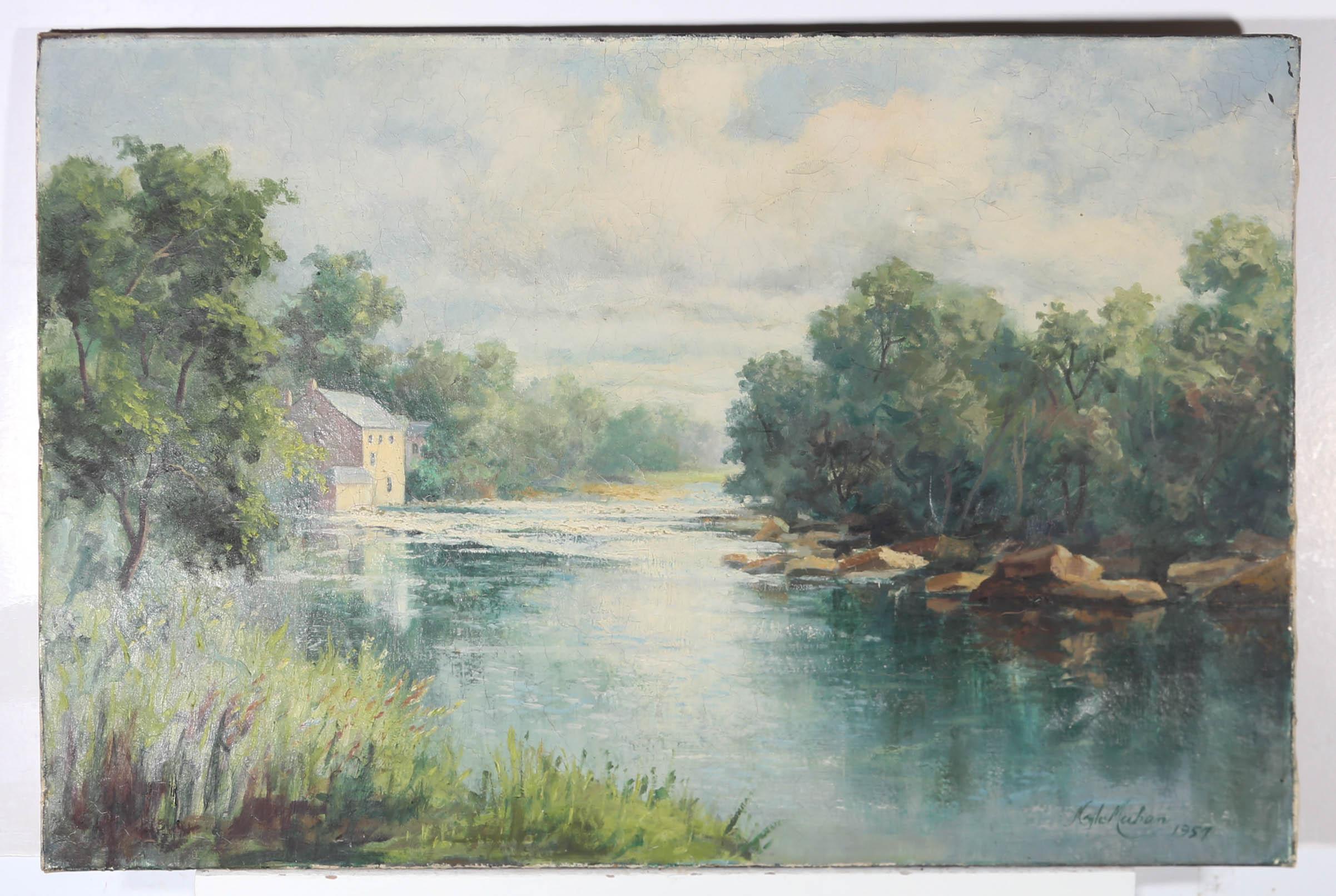 This charming mid-century oil depicts a picturesque view of the River Tee, on the North bank of Barnard Castle. The artist has painted the scene in an impressionistic manner with textured impasto emphasising the river's rippling water bounding over