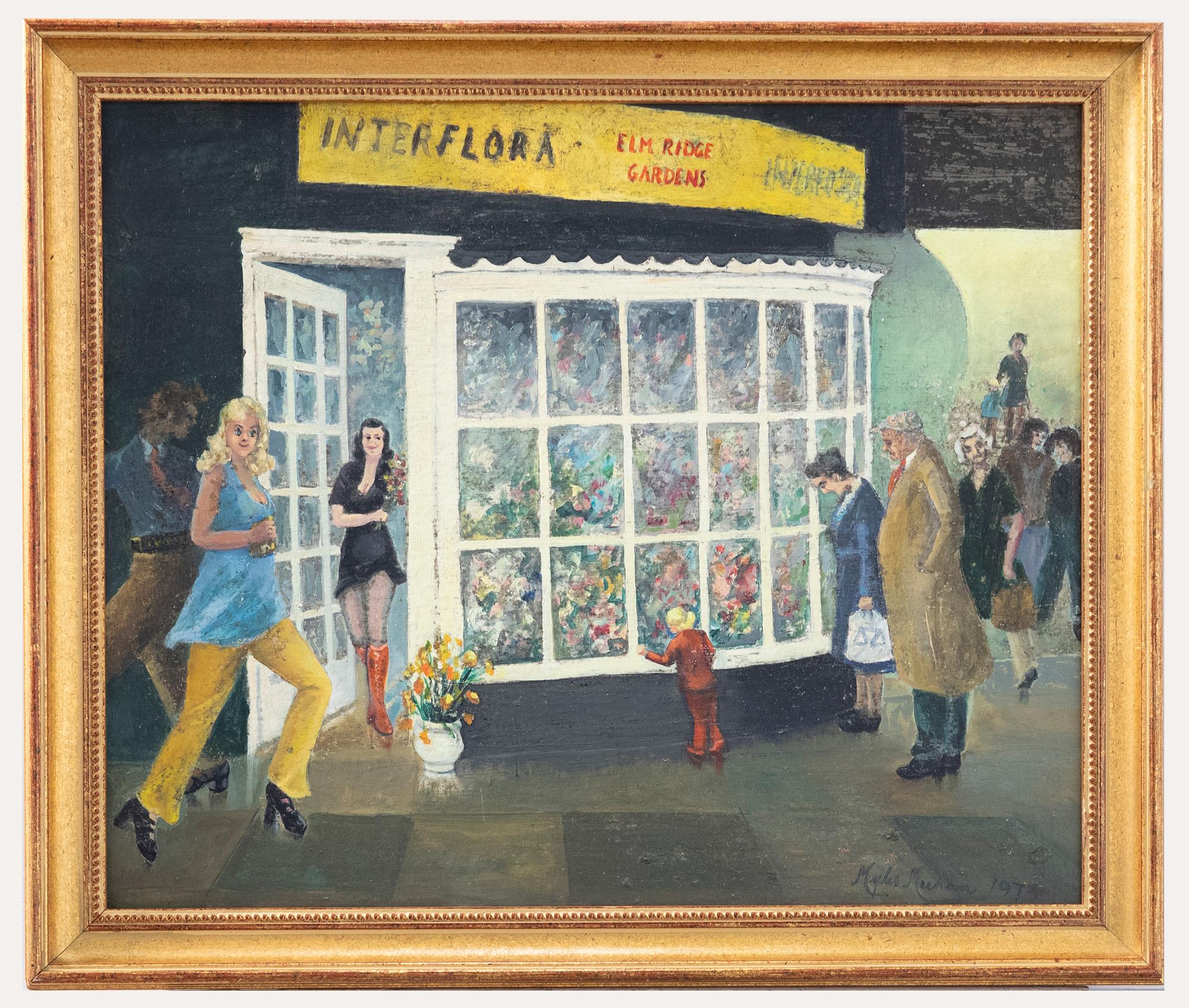 A snapshot in time- this social study depicts the flower shop in Elm Ridge Gardens with vibrant characters out shopping for the day. The painting has been well-presented in a contemporary gilt-effect frame. Signed by the artist to the lower right
