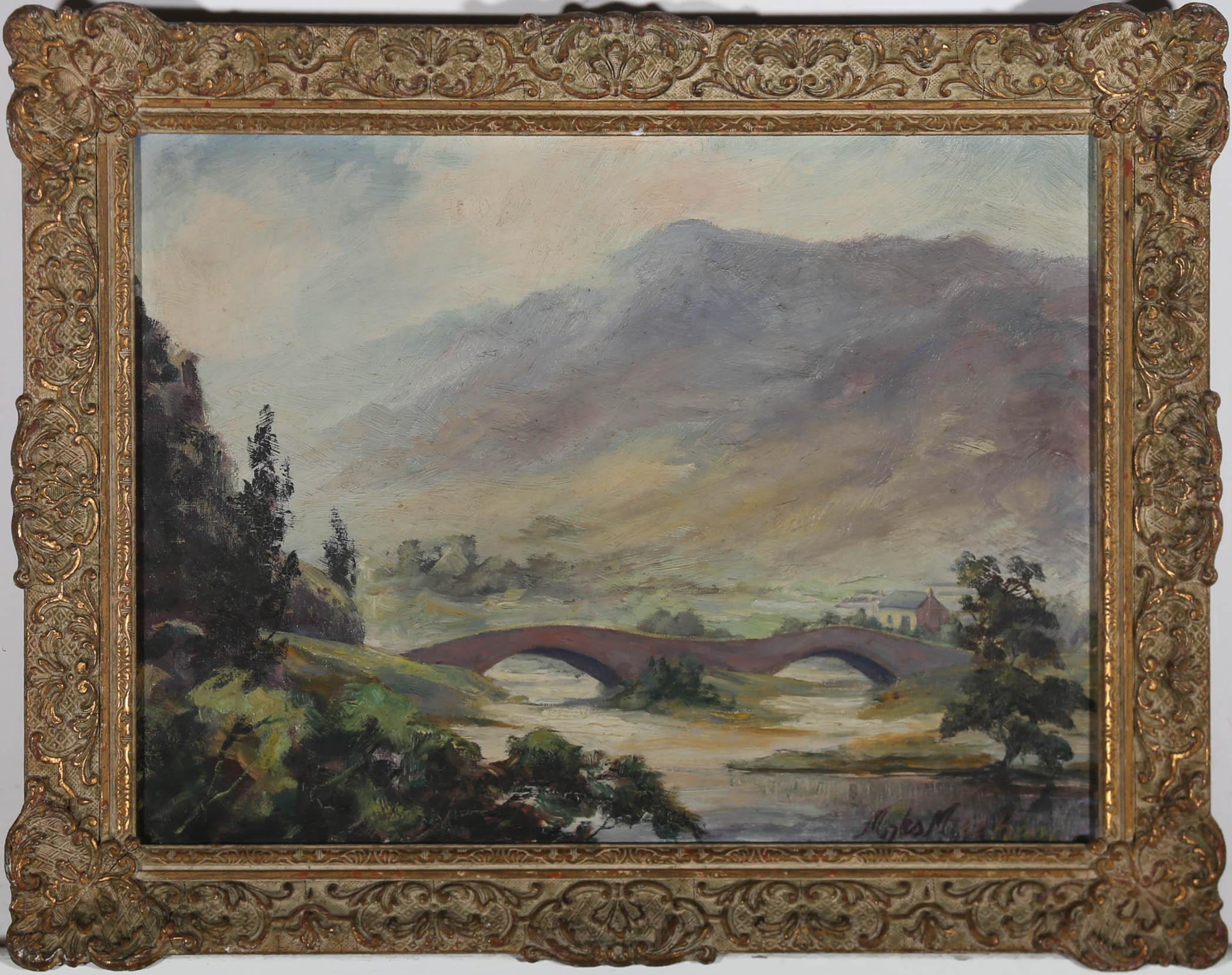 A charming Mid Century Impressionist landscape, showing A double arched bridge spanning the river in the bottom of a peaceful valley. The artist has signed to the lower right corner and the painting has been presented in a 20th Century French