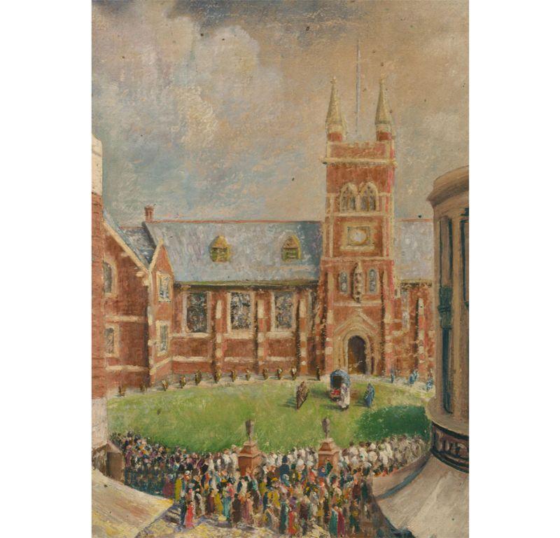 Crowds gather before a college building to watch a military parade on the green. To the reverse the artist has painted another picture of a residential street scene shaded by trees. Unsigned. On board.
