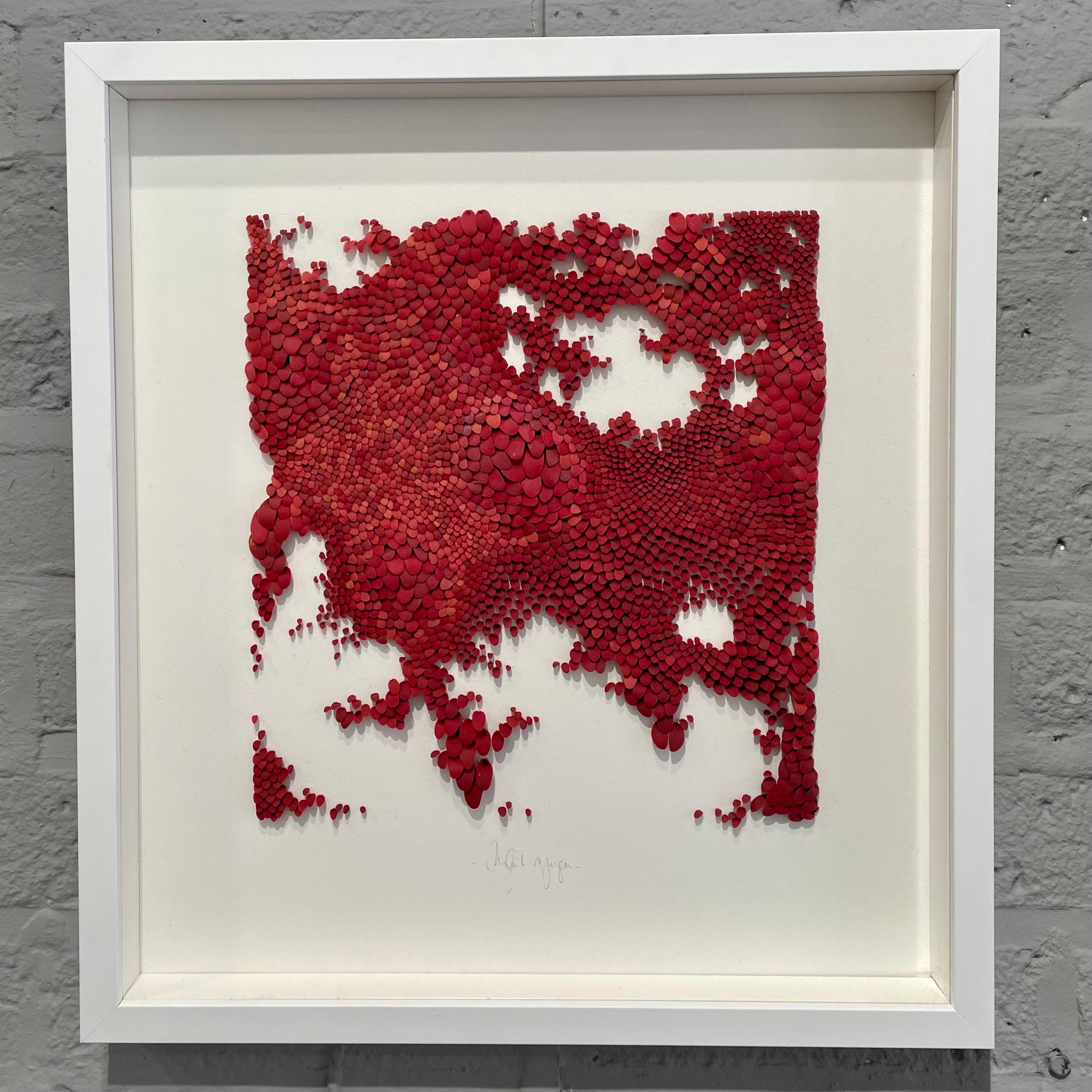 Autumn Red - abstract nature inspired minimal collage of polymer clay on paper For Sale 2
