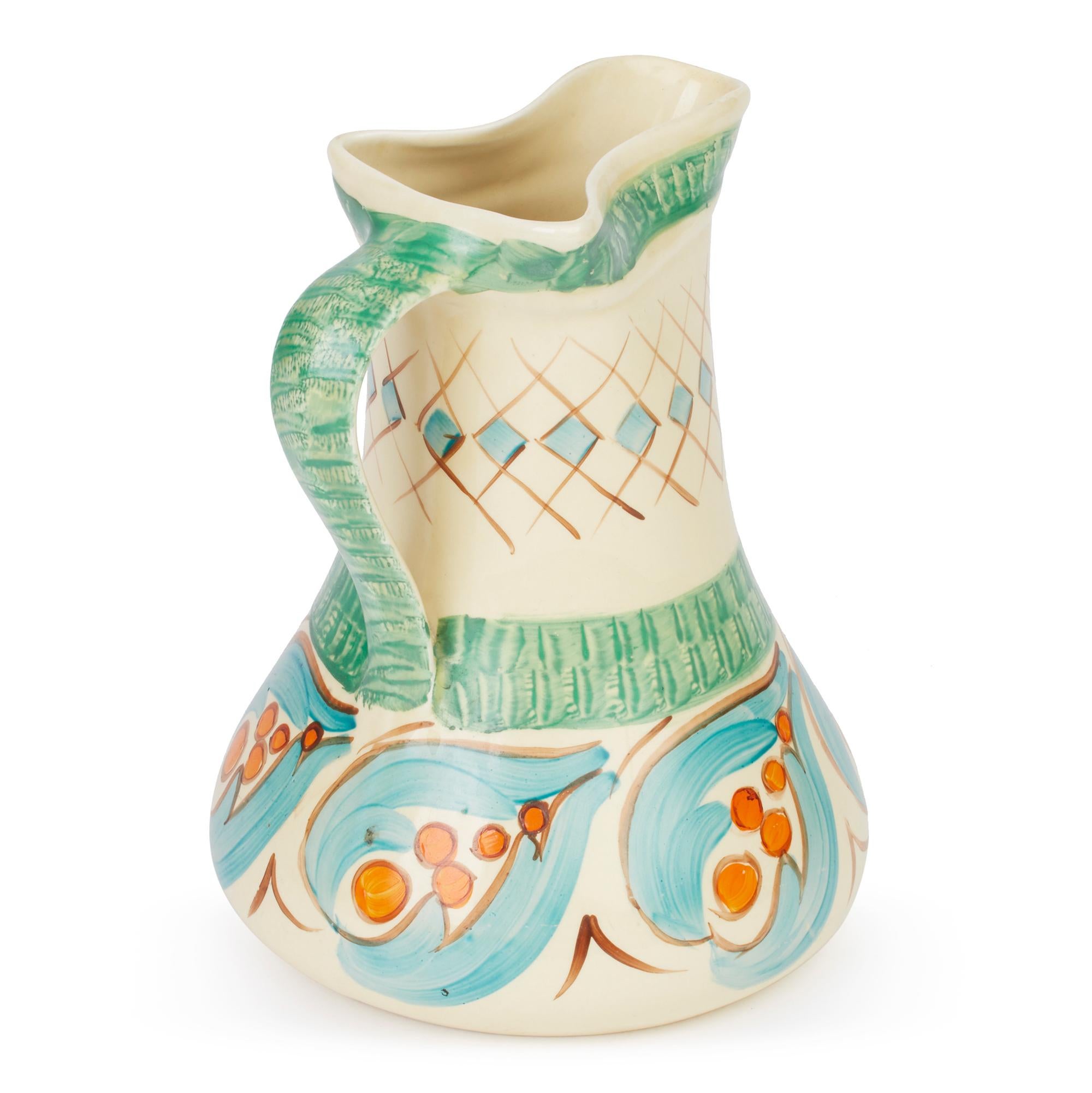 Myott Art Deco Hand Painted Pinch Neck Art Pottery Jug, 1930 2