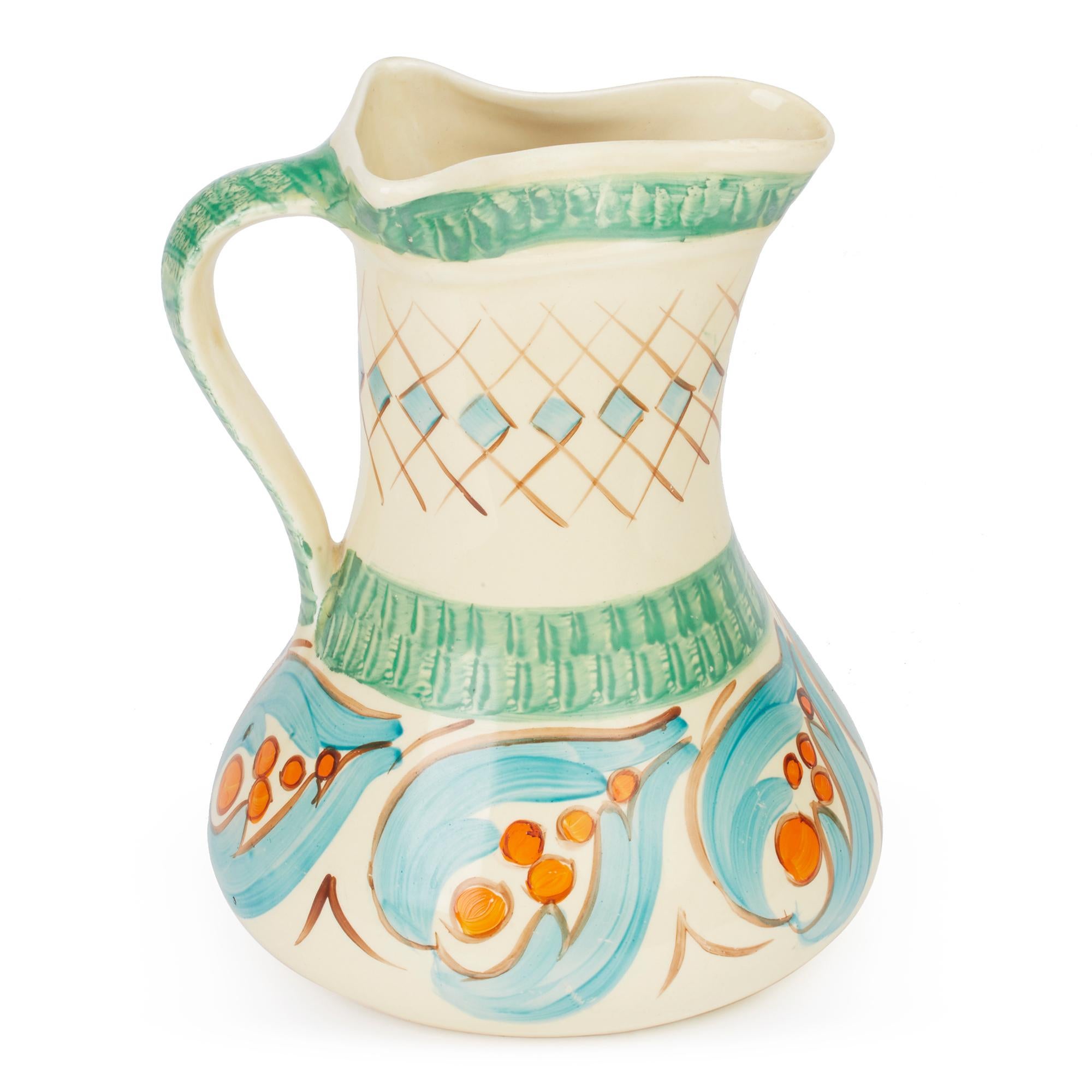 A fine and stylish Art Deco art pottery jug hand painted with seed pod designs by Myott and dated 1930. This shape of jug is an iconic production piece by Myott and each was individually hand painted by various artists who worked in the pottery at