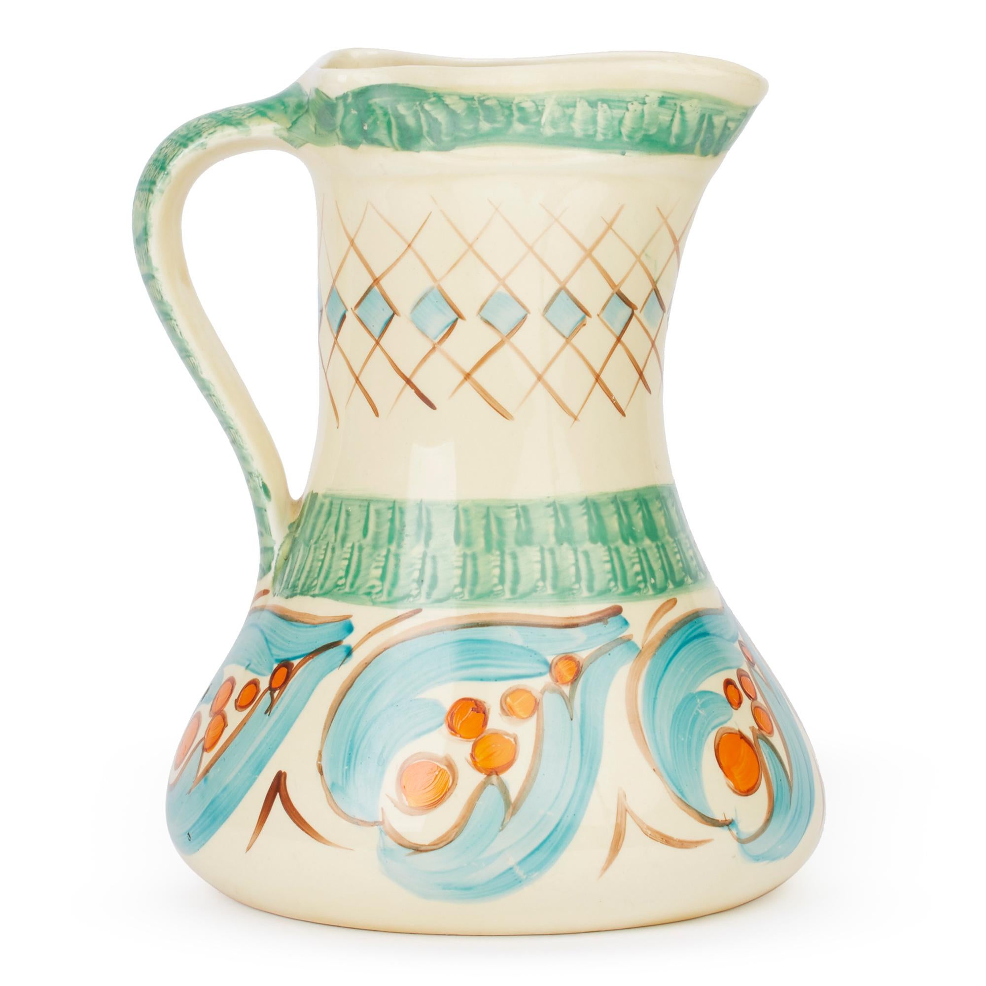 English Myott Art Deco Hand Painted Pinch Neck Art Pottery Jug, 1930