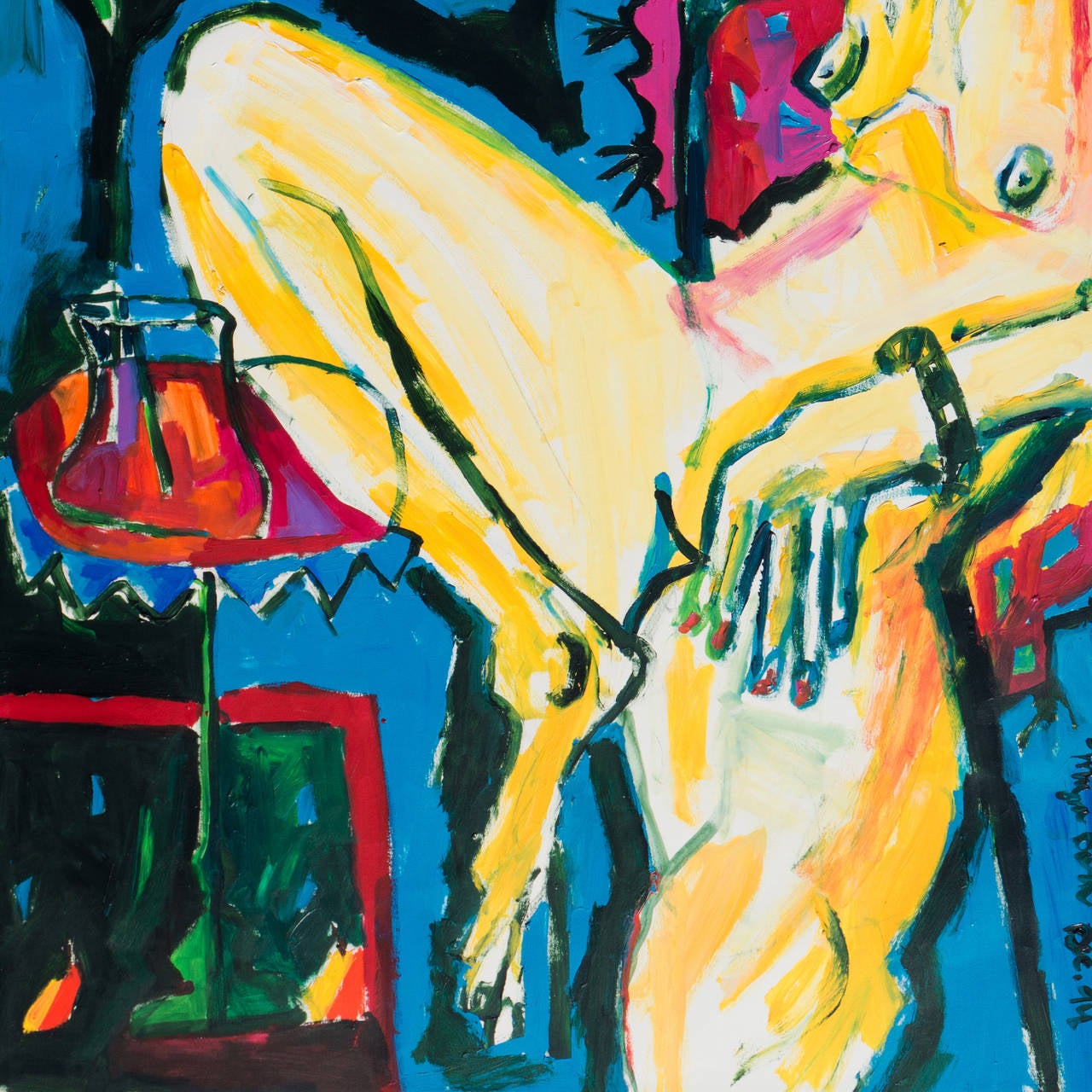 'Seated Nude', California Fauve Interior Scene, San Francisco Art Institute - Blue Still-Life Painting by Myra Dorn Eastman