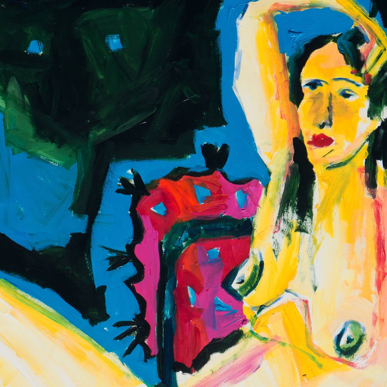 Signed lower right, 'Myra Dorn' for Myra Dorn Eastman (American, born 1953) and dated 1994.

A Large and dynamic Expressionist figural painting of a young woman, shown nude and seated on a chair in an interior beside a vase of red flowers 

Myra