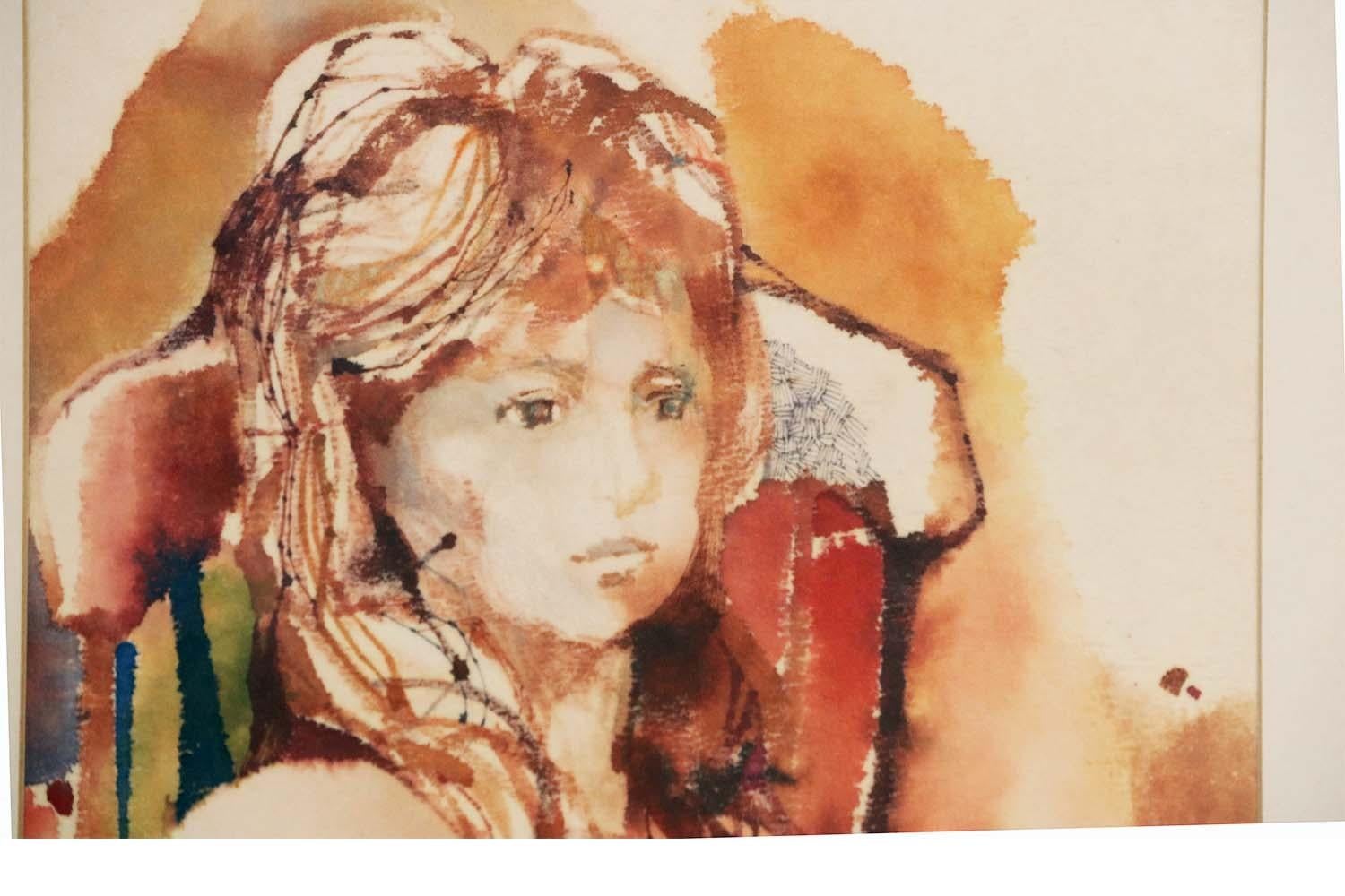 An original, gorgeous, watercolor Portrait of a girl by Listed Artist Myra Sides Copus, harmonious, beautiful, colors mixed with reds, yellows and pastels, creating an emotional dramatic painting. This original work of art is from the 20th century,