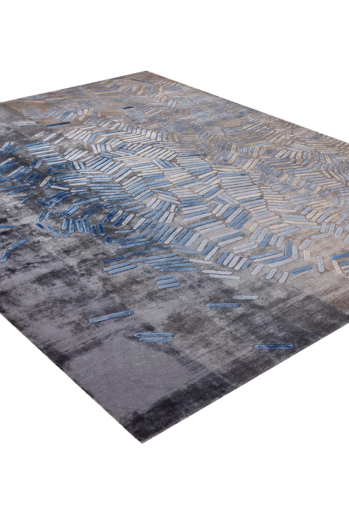 Contemporary Myriad Hand Knotted Modern Silk Rug in Gold and Blue Colours by Hands For Sale