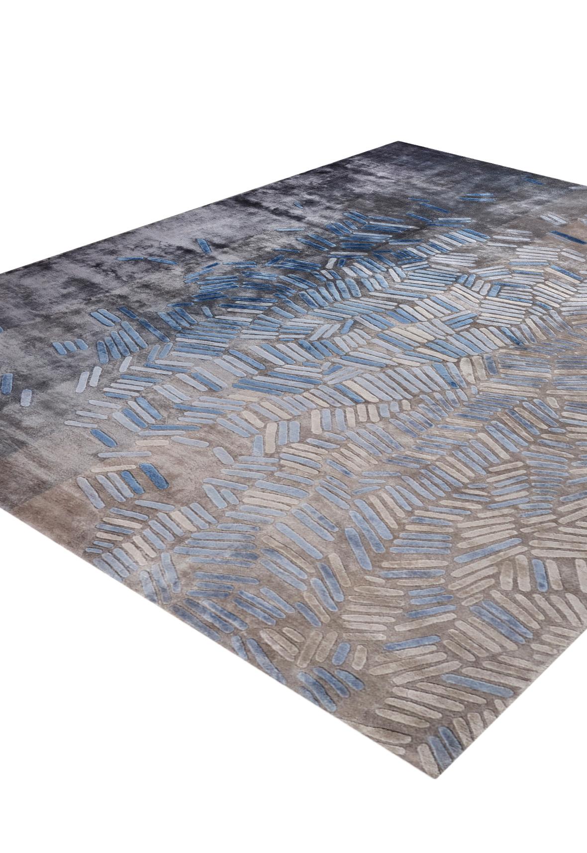 Myriad Hand Knotted Modern Silk Rug in Gold and Blue Colours by Hands For Sale 1