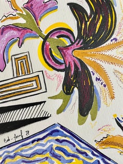 1979 Feminist Surrealist Israeli Colorful Watercolor Painting Myriam Bat Yosef