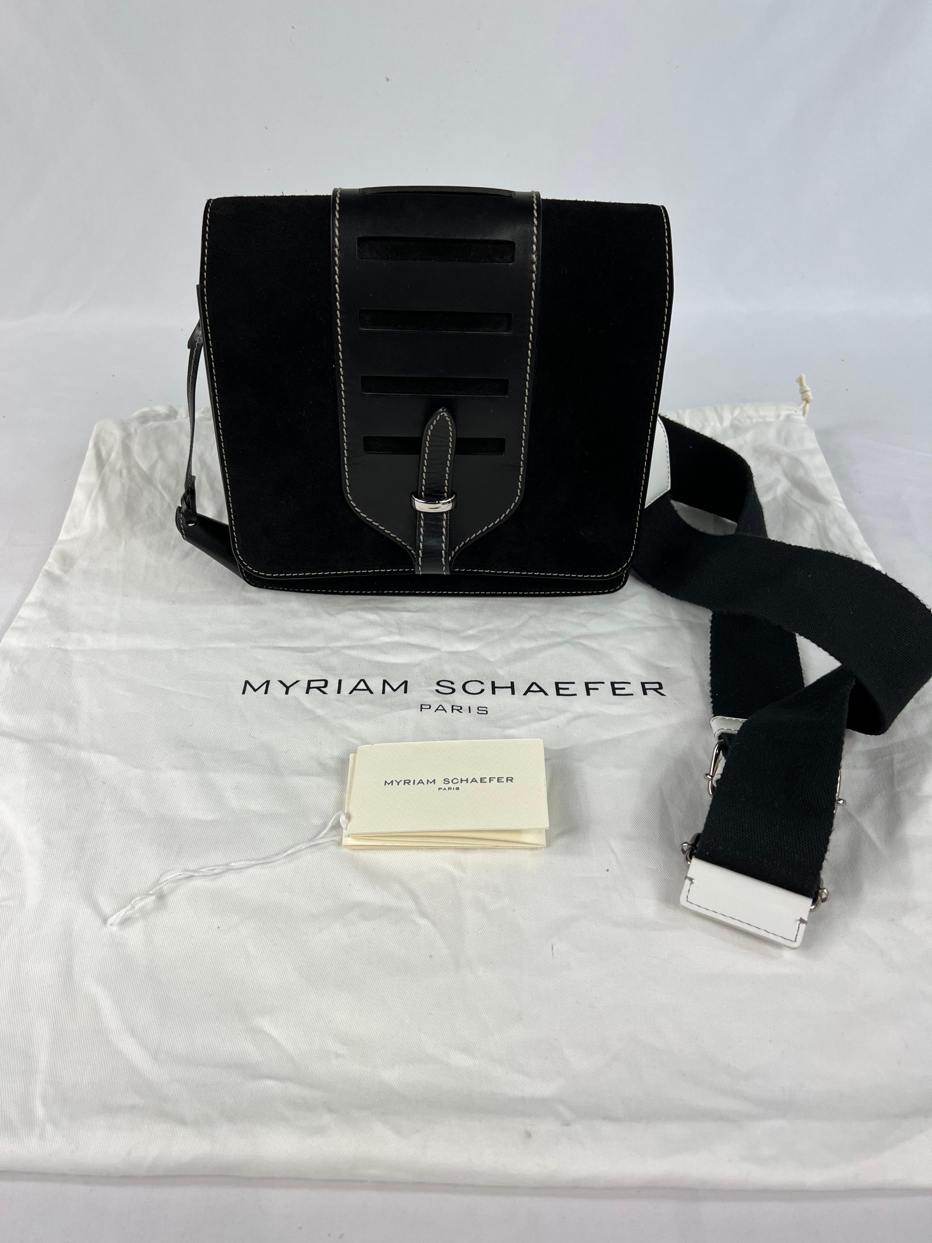 MYRIAM SCHAEFER Black Suede and White Leather New Volpone Grand Crossbody Bag For Sale 7