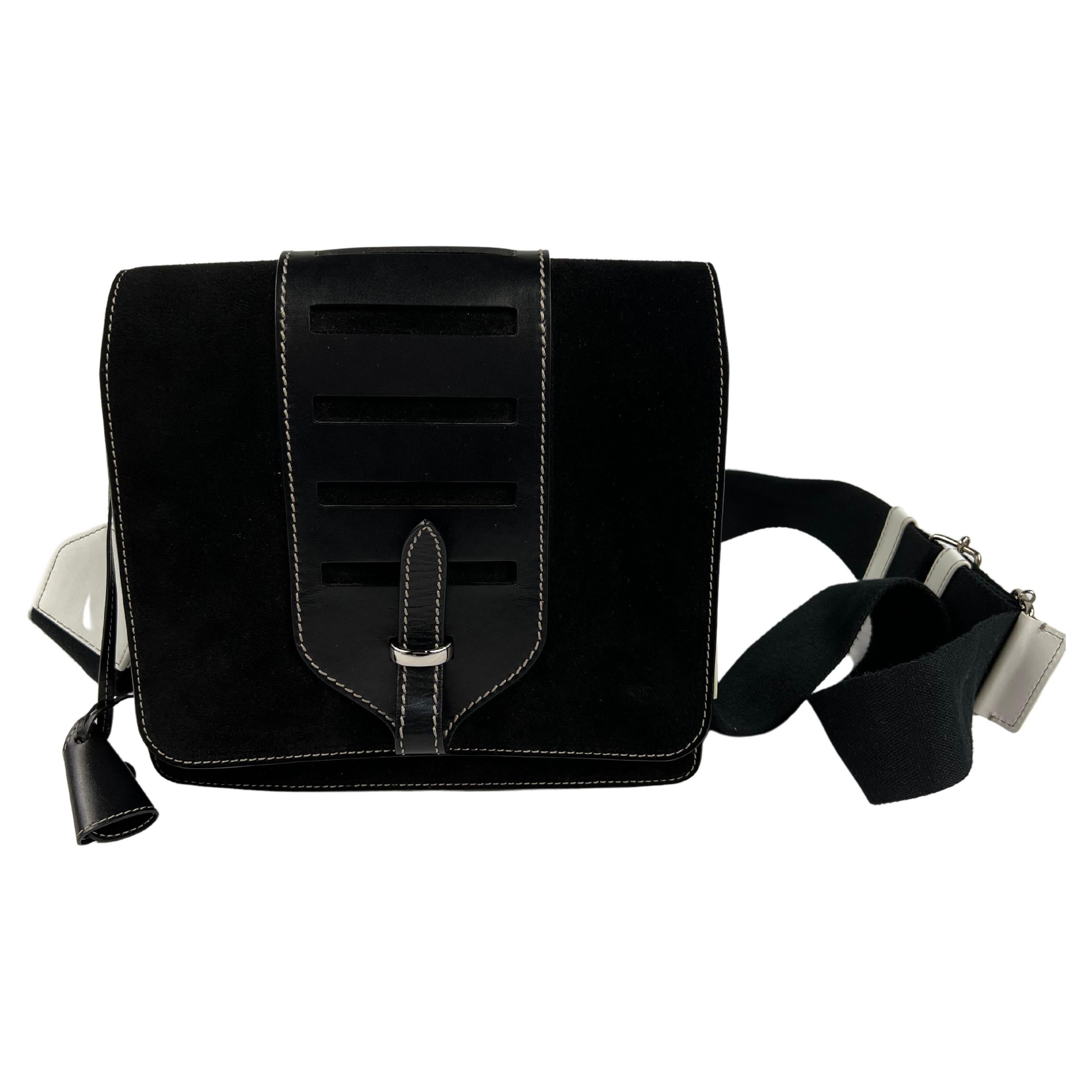MYRIAM SCHAEFER Black Suede and White Leather New Volpone Grand Crossbody Bag For Sale