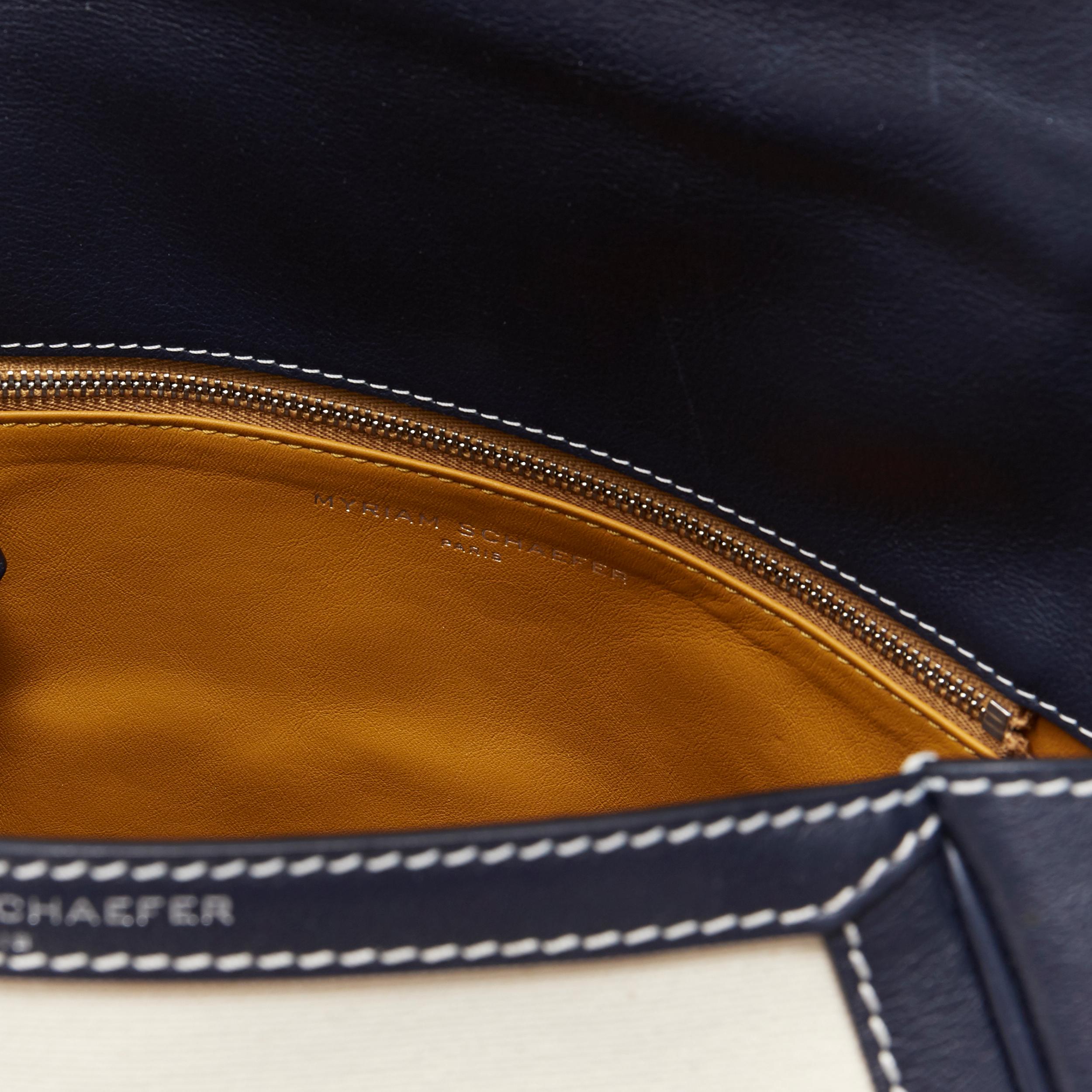 MYRIAM SCHAEFER Byron navy blue beige canvas top handle satchel shoulder bag 5