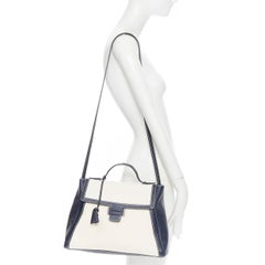 MYRIAM SCHAEFER Byron navy blue beige canvas top handle satchel shoulder bag