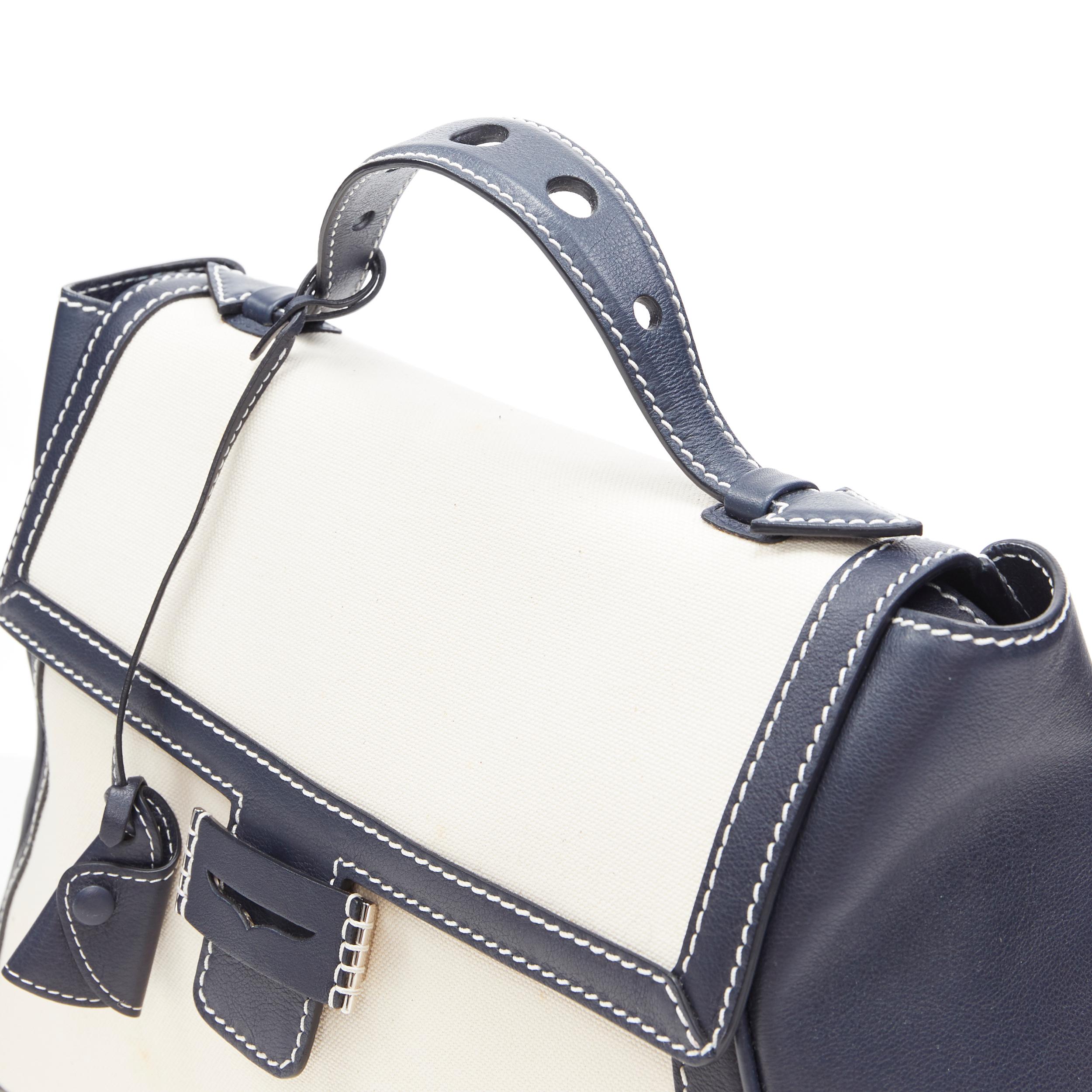 MYRIAM SCHAEFER Byron navy blue beige canvas top handle satchel shoulder bag In Good Condition In Hong Kong, NT